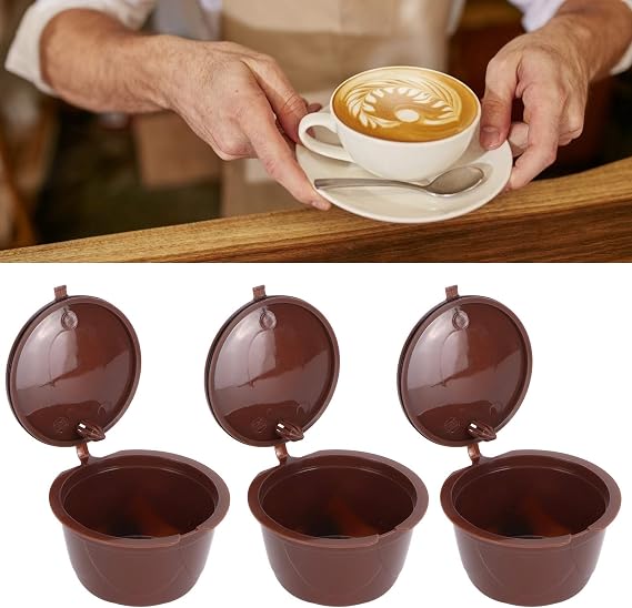 Reusable Coffee Capsule Filters, Refillable Coffee Pods Capsule Filter Cups Kit with Cleaning Brush and Measuring Spoon for Dolce Gusto Machine (3 cups + 1 spoon + 1 brush)