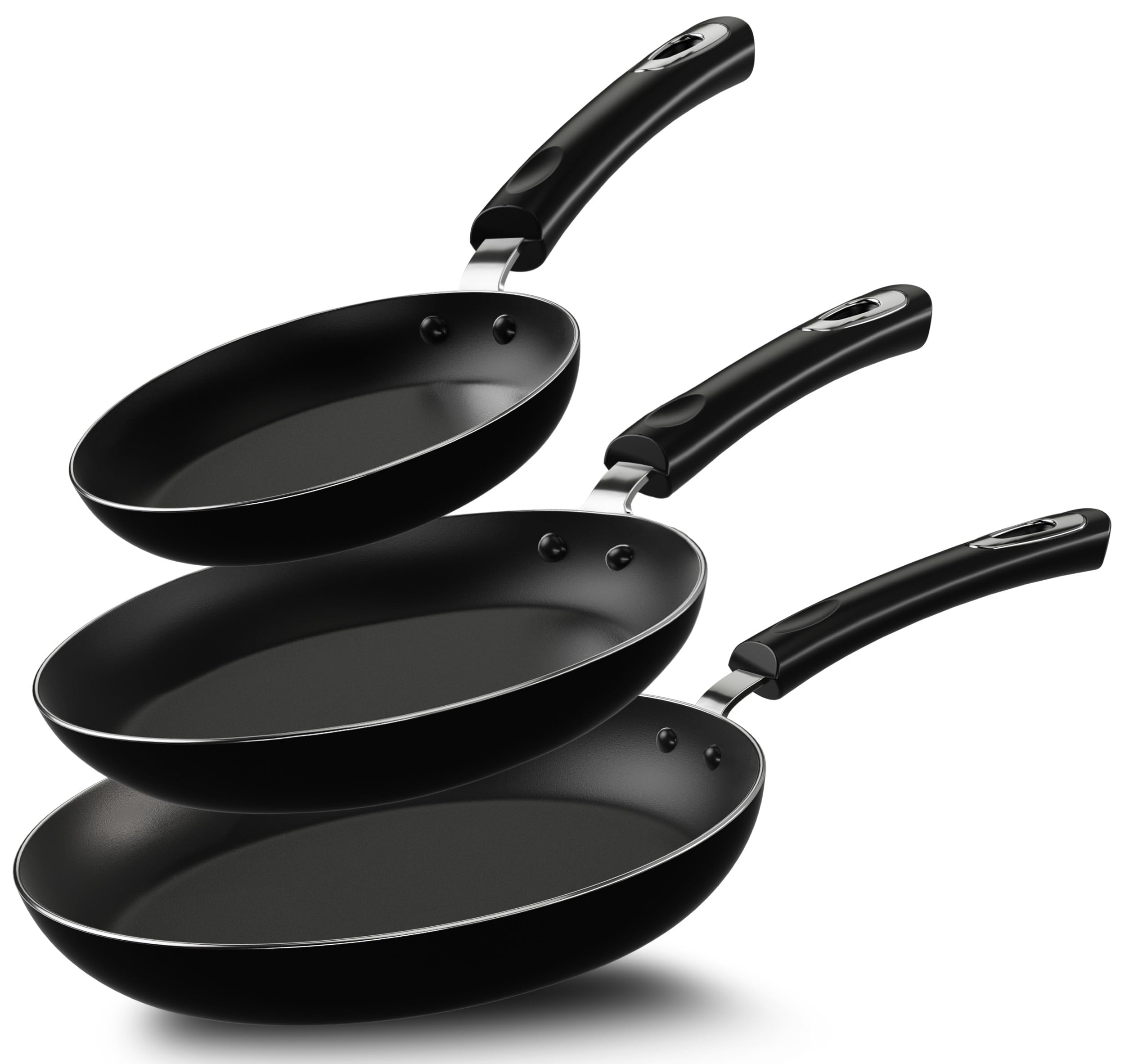 KICHLY Induction Hob Pan Sets Non Stick, 3 Pcs Fryingpans, Professional Chefs Kitchen Cookware, 20cm, 24cm, and 28cm (Black, 4 Packs of 3)