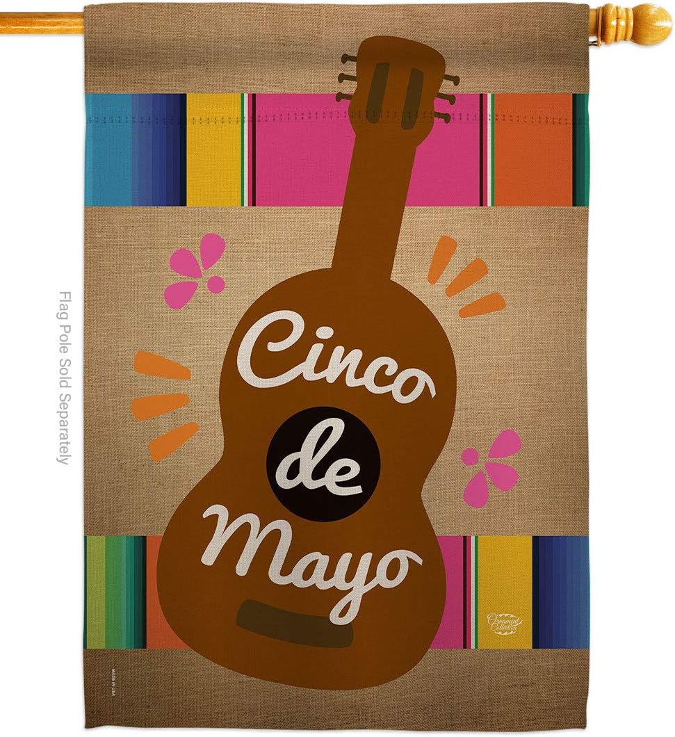 Celebrate Guitarron Cinco De Mayo House Flag Dowel Set Summertime Party Cactus Pinata Sombrero Mexican Fiesta Outdoor Small Decorative Gift Yard Banner Made In USA 28 X 40