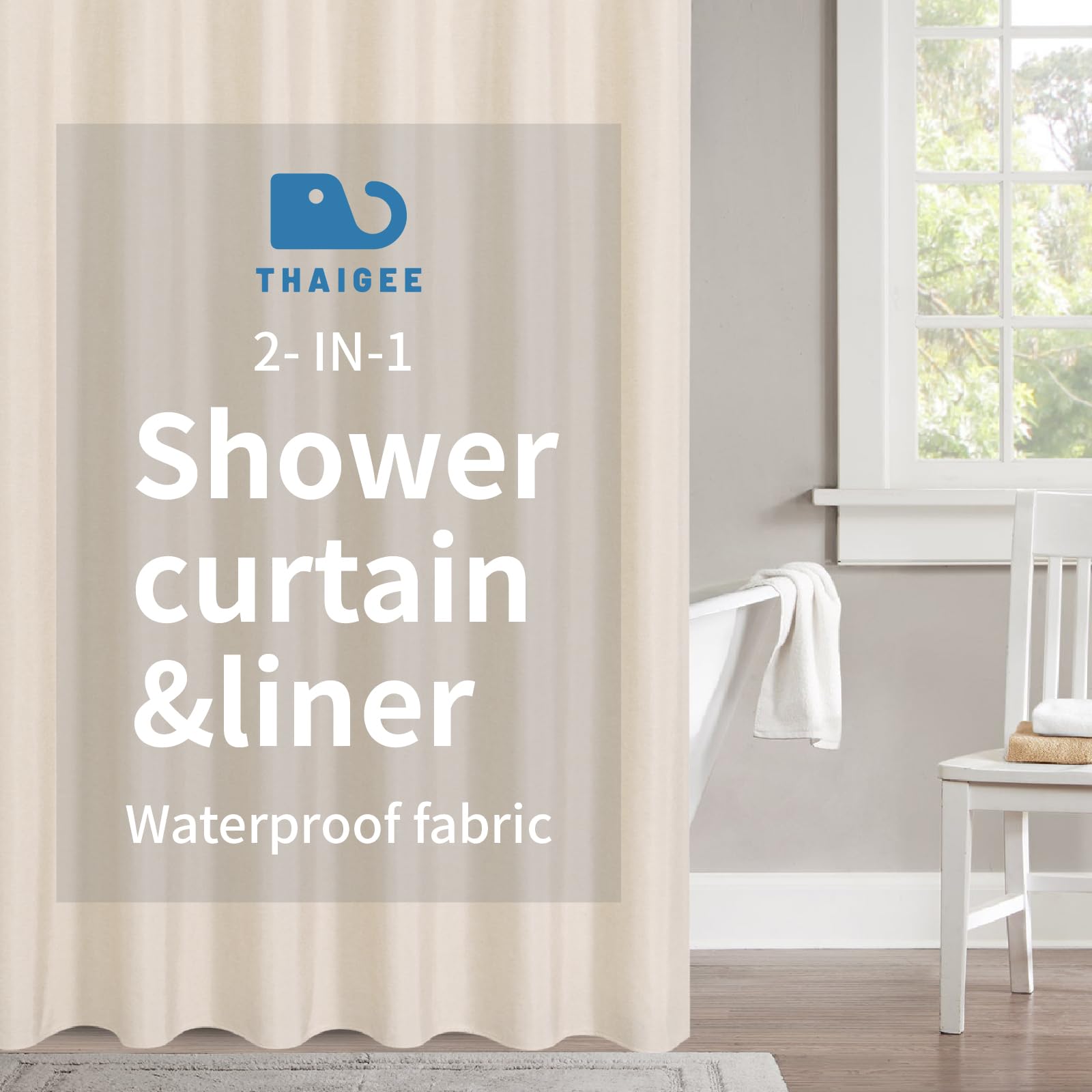 THAIGEE 2-in-1 Waterproof Fabric Shower Curtain or Liner,Linen Textured,Breathable TPU & Washable Bathroom Shower Curtain Set with 12 Plastic Hooks,Modern,72