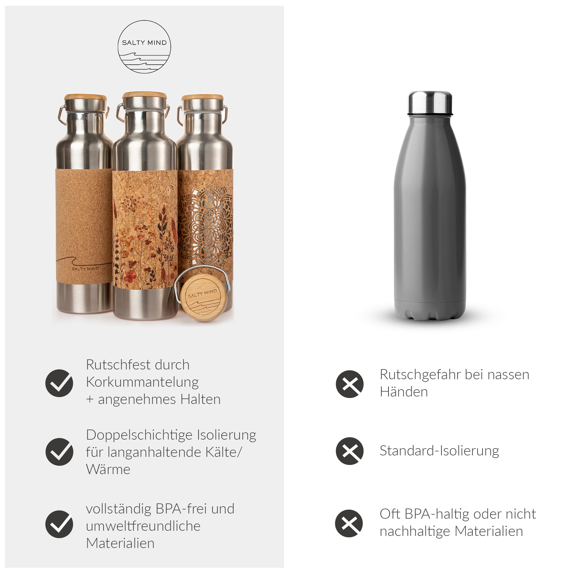 Borraccia termica in acciaio inox, 750 ml, a prova di perdite, senza sostanze nocive, insapore, senza BPA, sughero, yoga, ufficio, all'aperto (mandala + colino da tè)