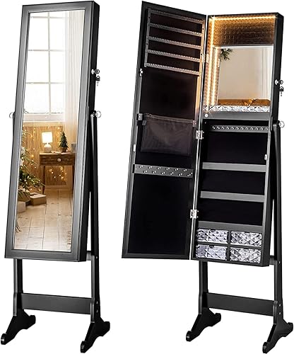 Miniatura 7 de LUXFURNI Armario de joyería con espejo de pie con luces LED, espejo de longitud completa con almacenamiento, armario de joyería con cerradura