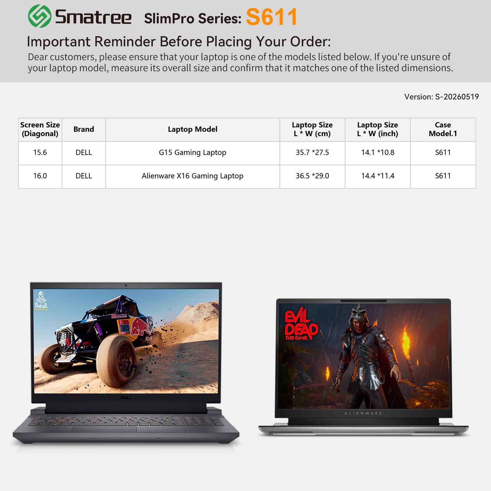 Smatree SlimPro - Custodia per computer portatile Dell G15 da 15,6", per PC portatili Dell Alienware X16 Gaming da 16", custodia con tasca per accessori, design brevettato Super-Corner (S611)