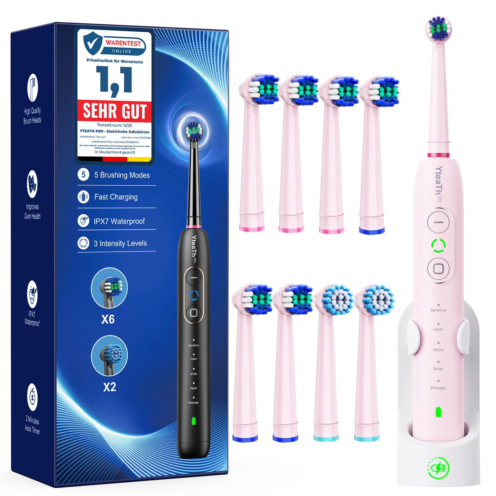 YTEATH PRO Rotating Electric Toothbrushes - 8 Toothbrush Heads, 5 Brushing Modes, 3 Intensity Levels, IPX7 Waterproof, Wall Mount Charging Station, 2 Minute Timer