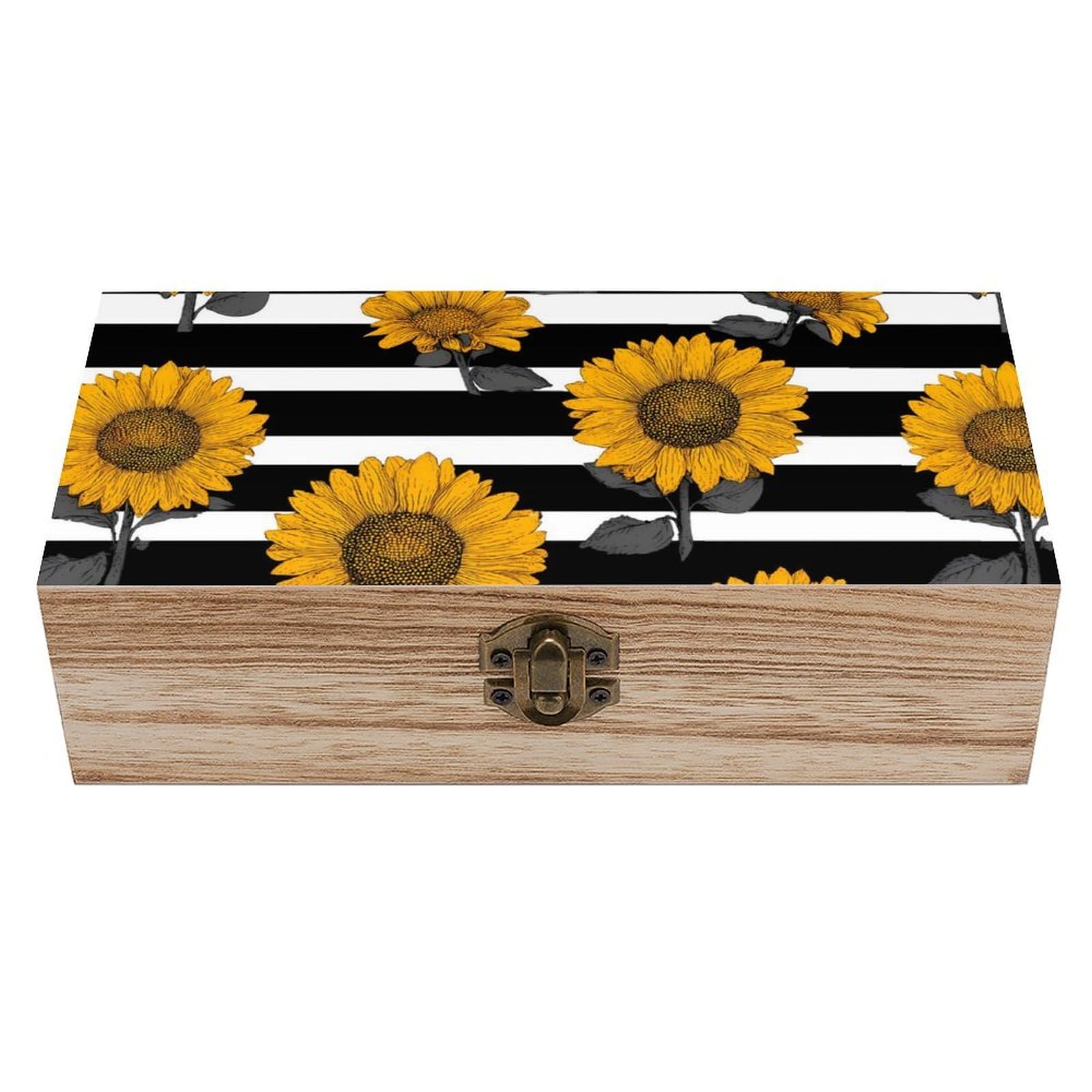 HLBSDM Black And White Stripes Sunflower Wooden Box with Hinged Lid Decorative Storage Case Container