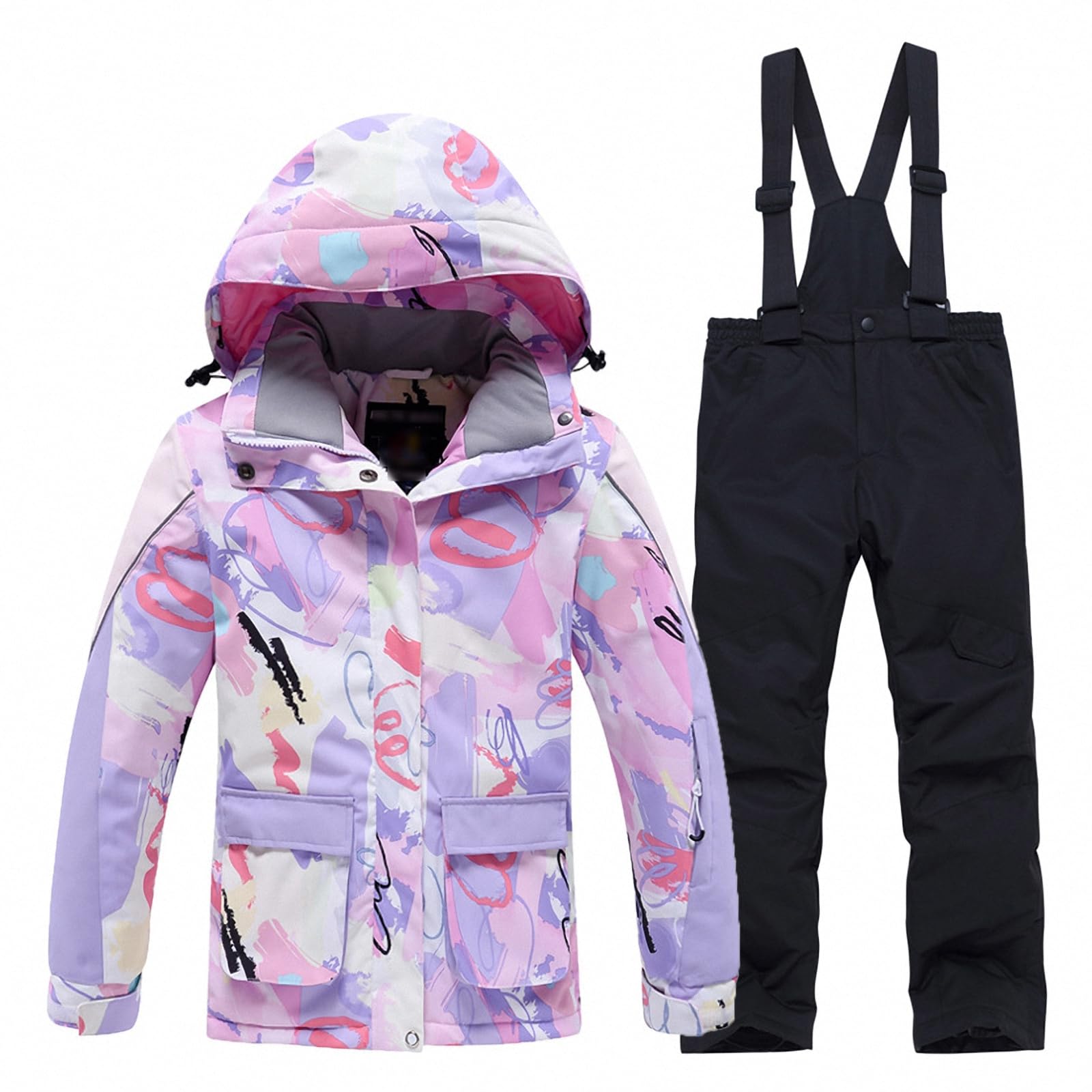 Winter-Outdoor-Kinder-Skijacken-Anzug, winddichtes und wasserabweisendes warmes Snowboard-Outfit für Mädchen, Oberteil + Latzhose-Set