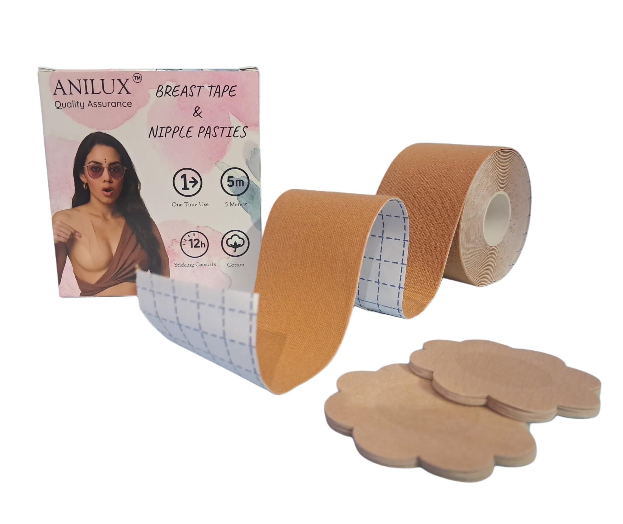 | Premium Breast Lift Tape Kit - Invisible Body Tape with 10 Nipple Pasties | Waterproof Strong Adhesive for Backless Strapless Dresses (5m Nude)-image-26