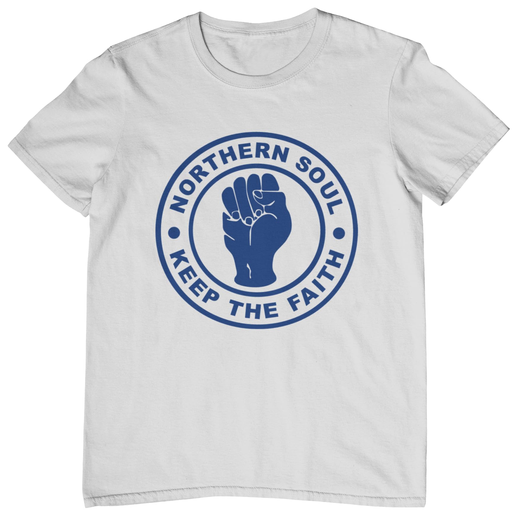 Plastic Revolution Northern Soul T-Shirt (Large, White T-Shirt with Dark Blue Print)