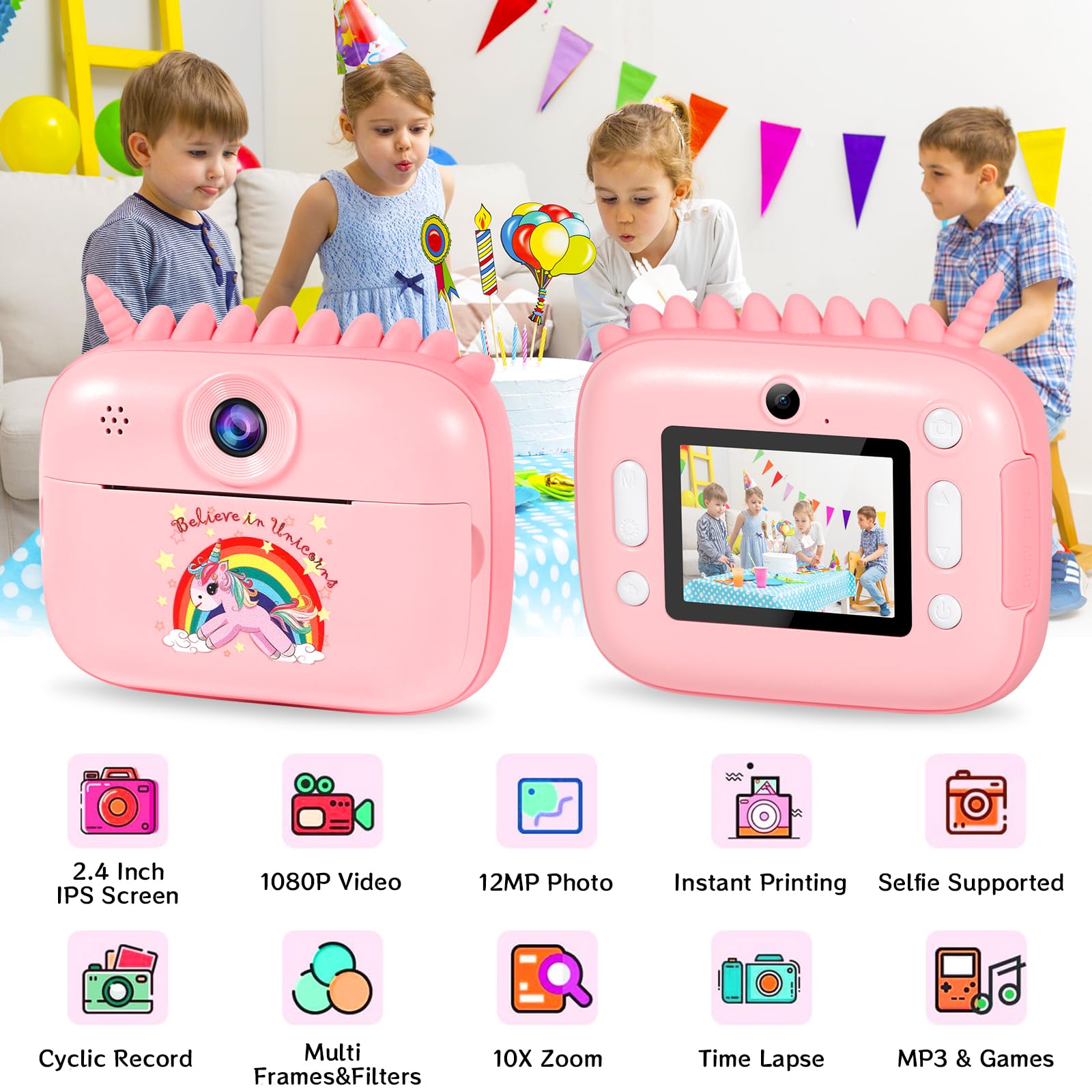 Camara Fotos Infantil Instantanea, 2.4" HD 1080P Cámara para Niños con Tarjeta SD de 32GB,Bolígrafos de Colores y Papel de Impresión,Regalos Juguete