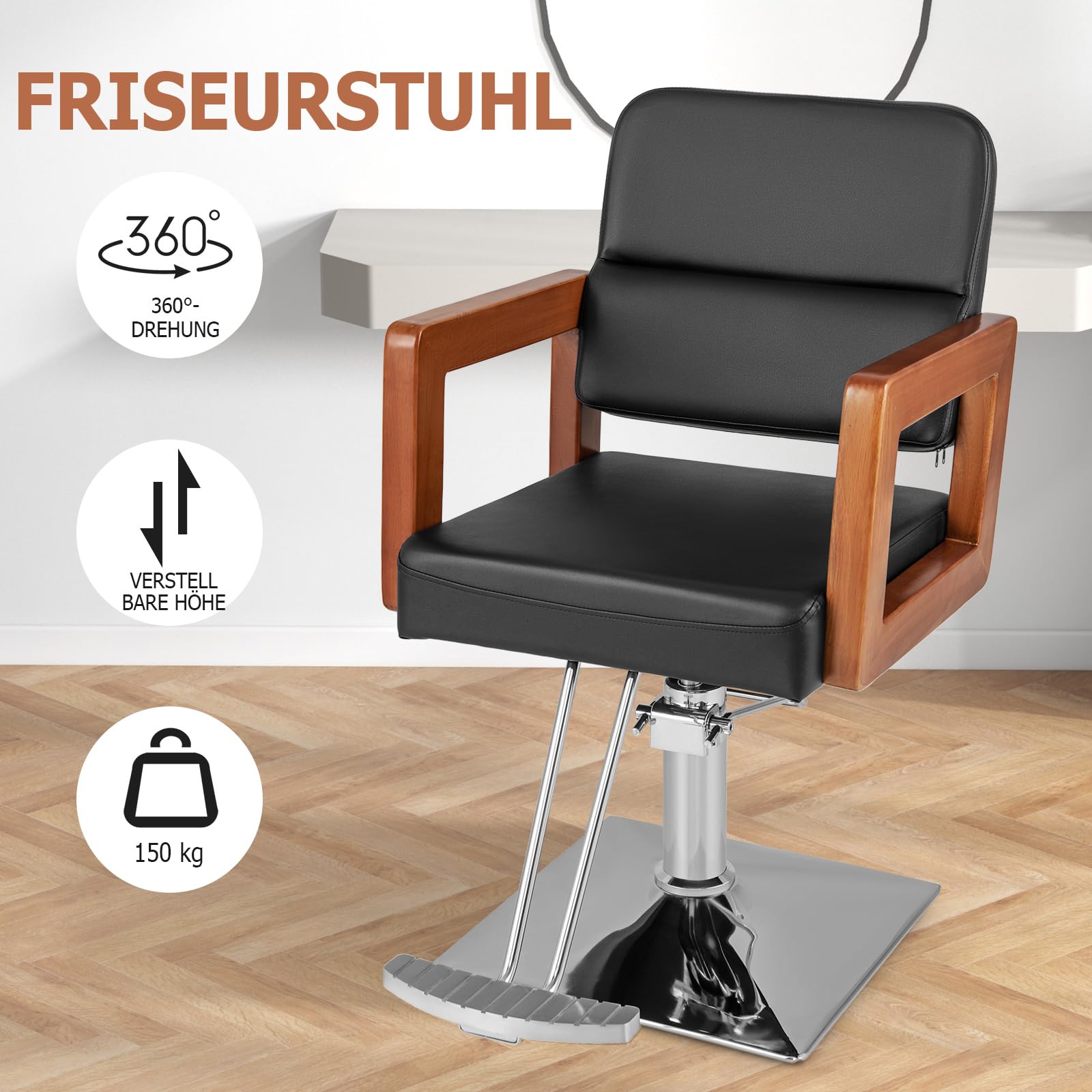 COSTWAY Friseurstuhl Sitzhöhe verstellbar von 50-65cm, Barbersessel belastbar bis 250 kg, Salonstuhl mit 360° Drehung, Hydraulischer Pumpe, Spa Friseursessel mit Holzarmlehnen