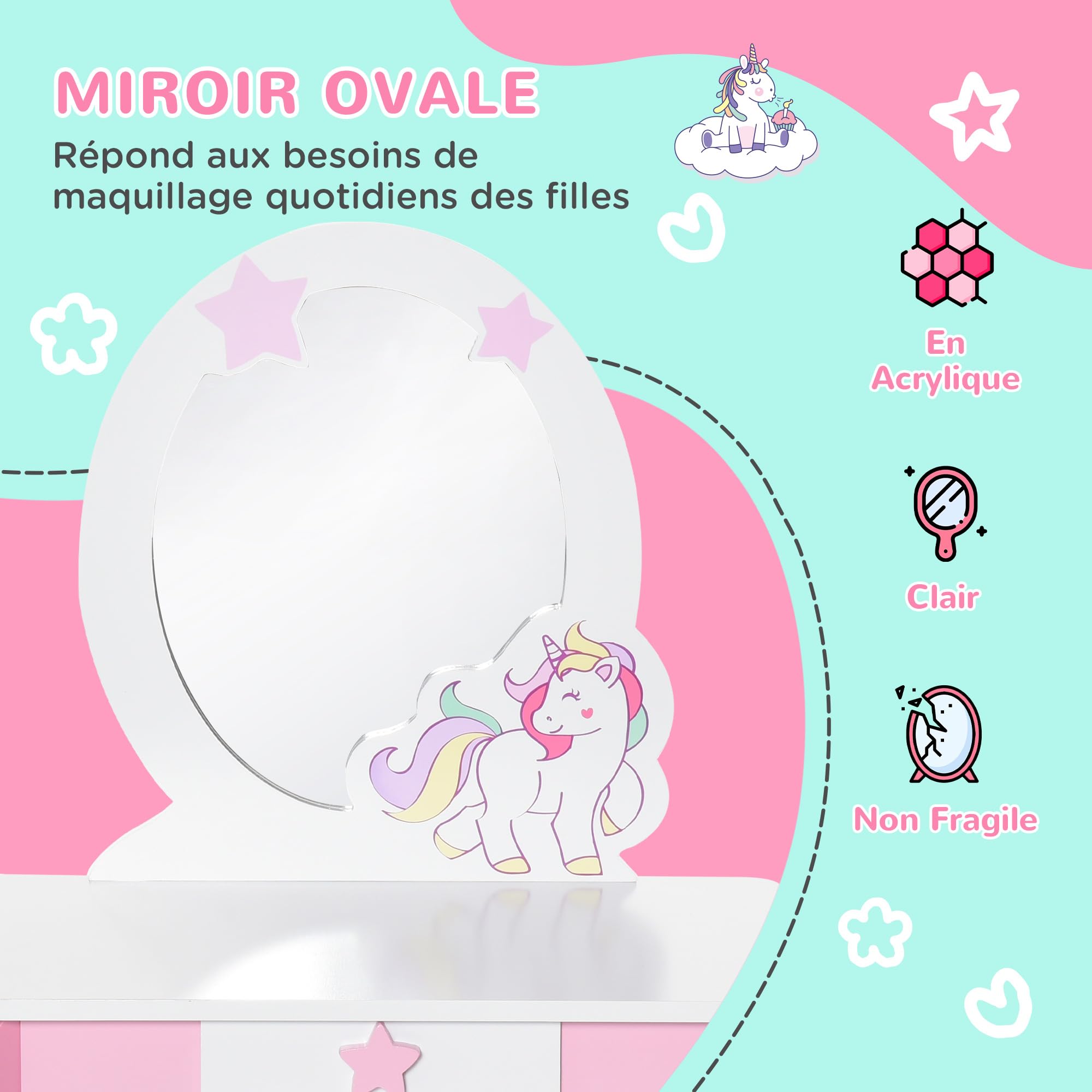 HOMCOM Coiffeuse Enfant Design Licorne - Tabouret Inclus - dim. 49L x 34l x 90H cm - tiroir, Miroir - MDF - Rose Blanc