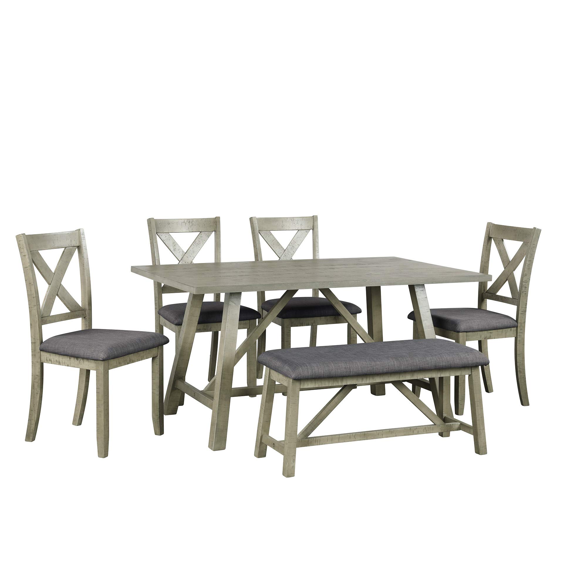 Rustic Style Dinning Table Set,DERCASS 6 Piece Dining Table Set Wood Dining Table and Chair Kitchen Table Set with Table, Bench and 4 Chairs (Grey 2)