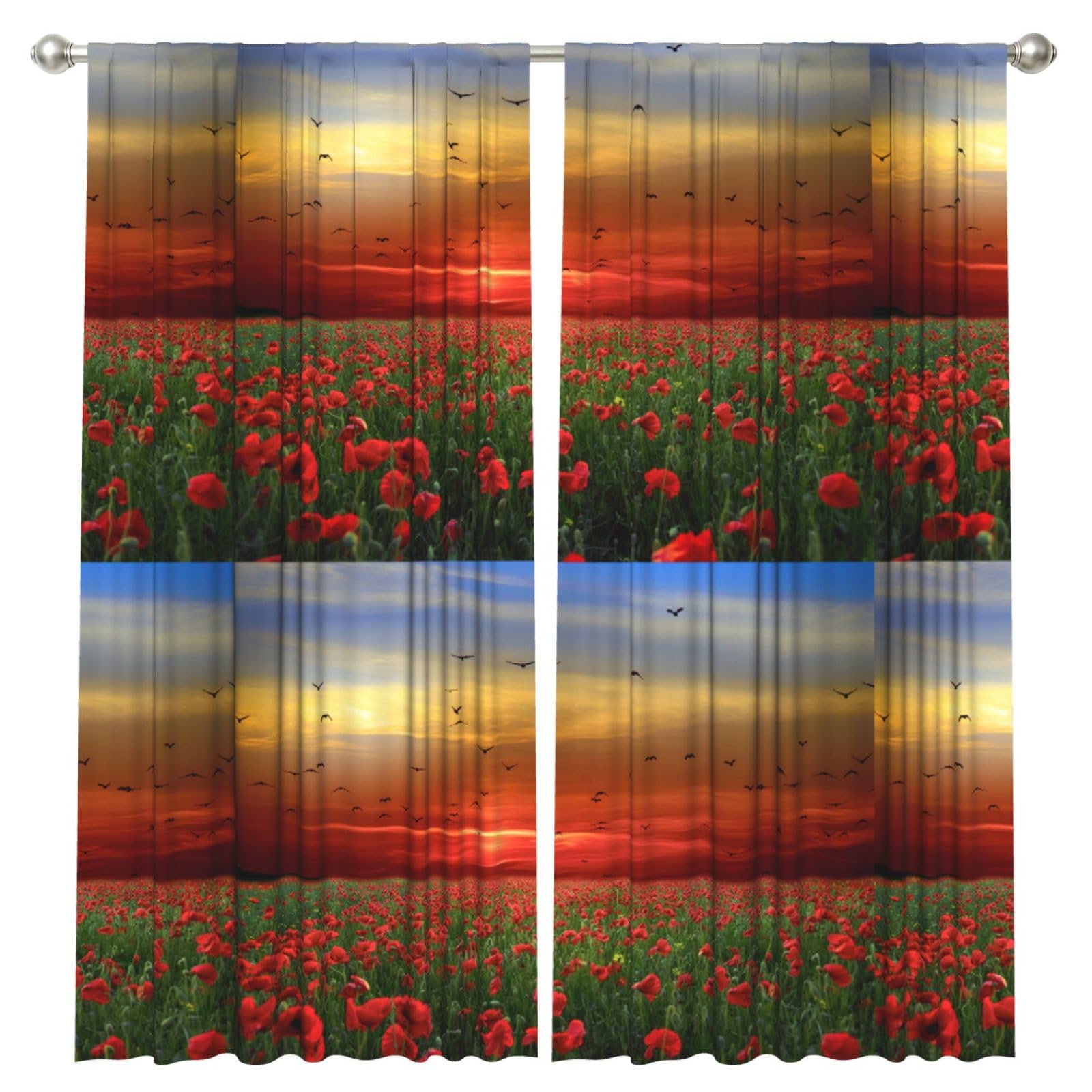 InOmak Red Poppy Flower Field In Sunset Printed, 2 Panels Window Curtains 52 x 84 Inch Blackout Curtains for Living Room Bedroom