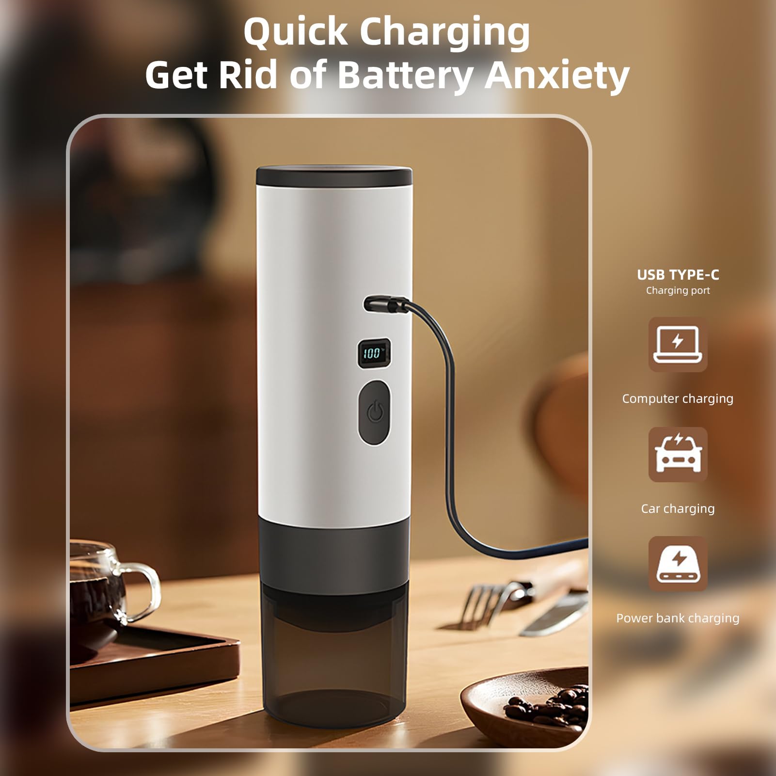 Máquina de café Portátil 3 en 1 Automáticamente Calefacción Inalámbrica de 15 Bar con Pantalla Digital