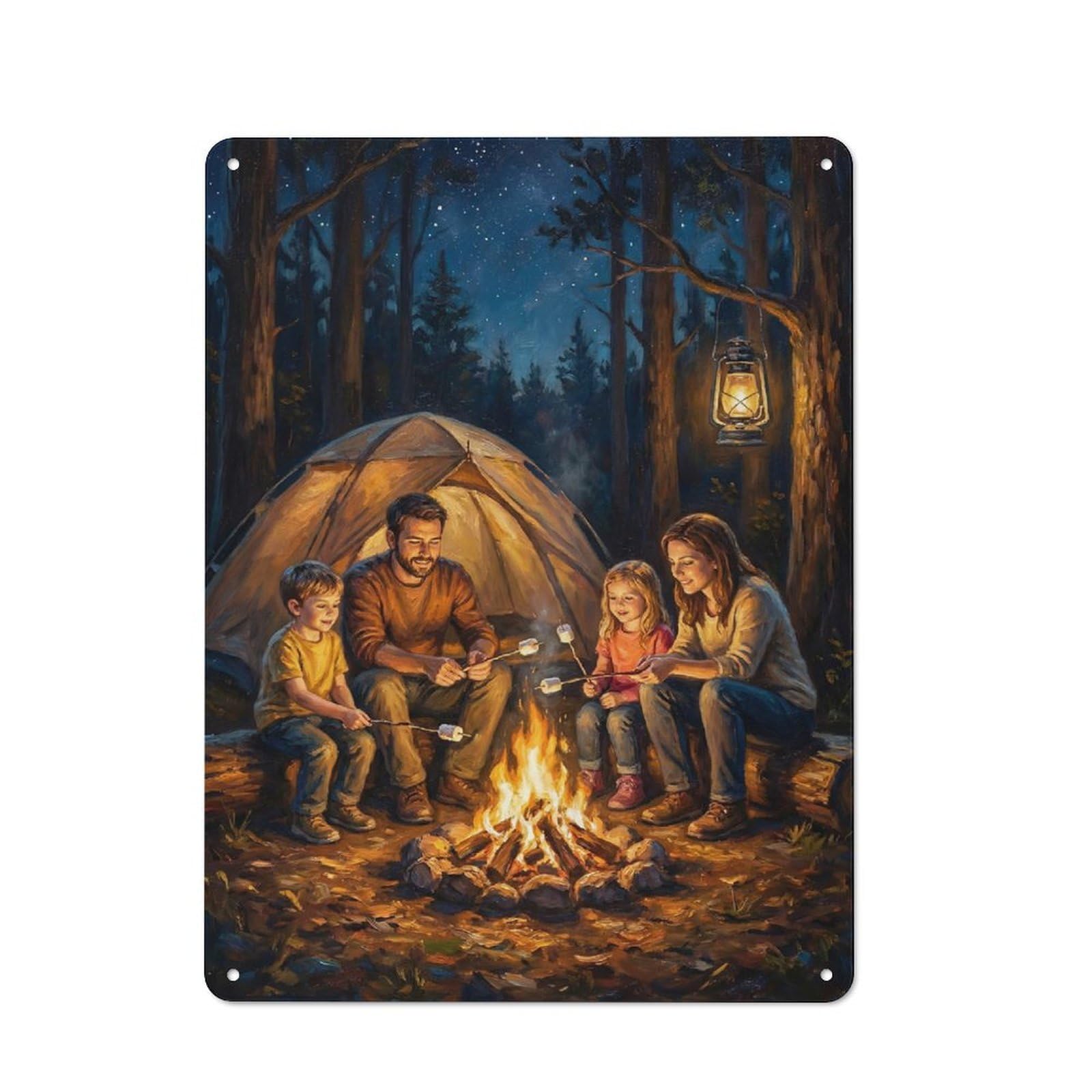 Junmoney Style Family Roasting Marshmallows By Campfire Clean Industrial Metal Wall Decor 40X30cm, Decorative Metal Plaque For Workspace, Cafe, Hallway Or Garage