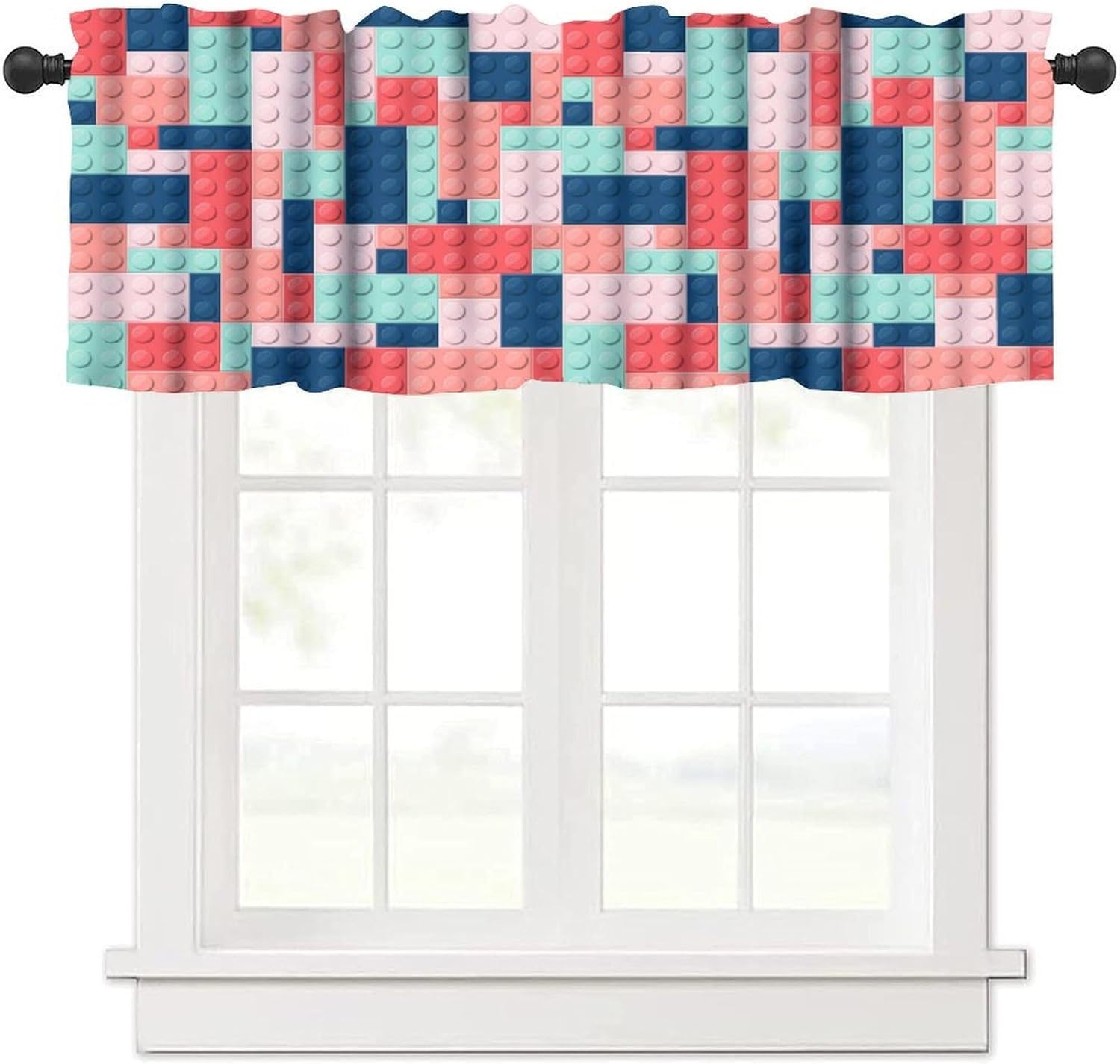 Building Block Toy Valance Curtains,Abstract Geometric Colorful Toy Brick Rod Pocket Small Window Treatments for Baby Room Boys Girls Bedroom Nursery Cafe 54''x18''+27''x36''x2（3 Piece）