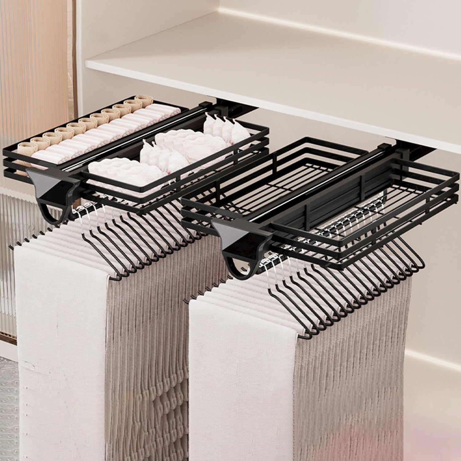 クローゼットロッド 引き出し式バスケット付き ナイザー ワードローブ 衣類ハンガーレール パンツ・コート用 2個 51cm、2個-4