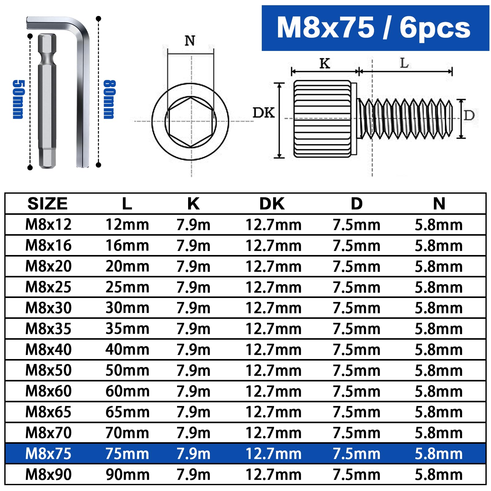 TXXATX M8 Screws Allen Socket Head Cap Screws M8x75 mm - Image 2