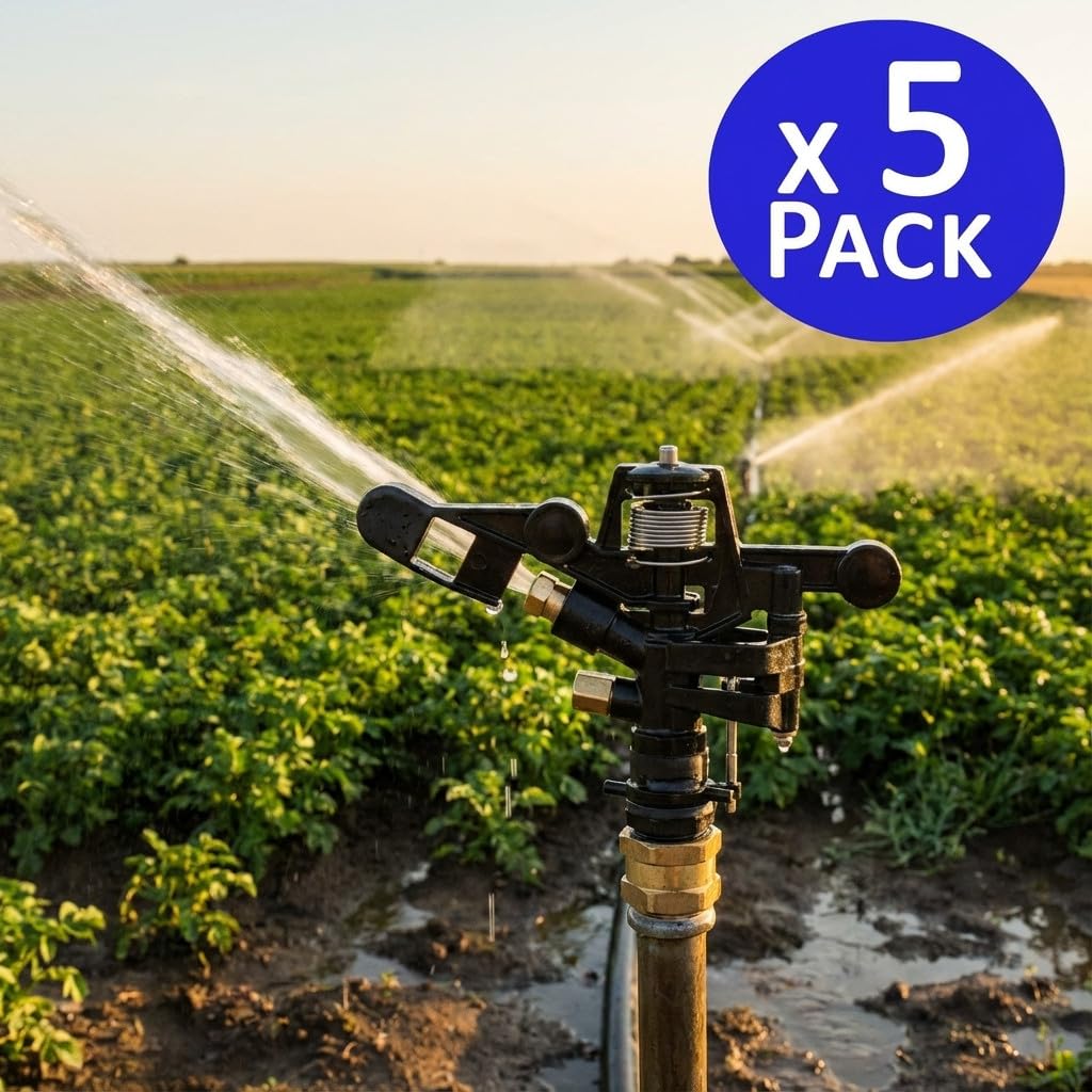 Suinga Aspersor de Riego Agricola Ajustable 3/4'' | Pack 5 Aspersores con Alcance 12 a 19 m | Aspersor de Jardin Sectorial de 0 a 360º con Boquilla de Latón