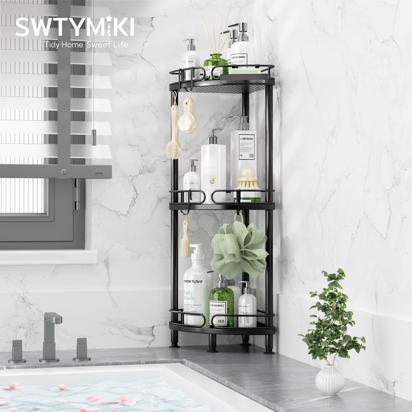 SWTYMIKI Corner Shower Caddy Standing, 3 Tier Stainless Steel Shower Organizer Stand with 4 Hooks & Soap Holder - Image 4