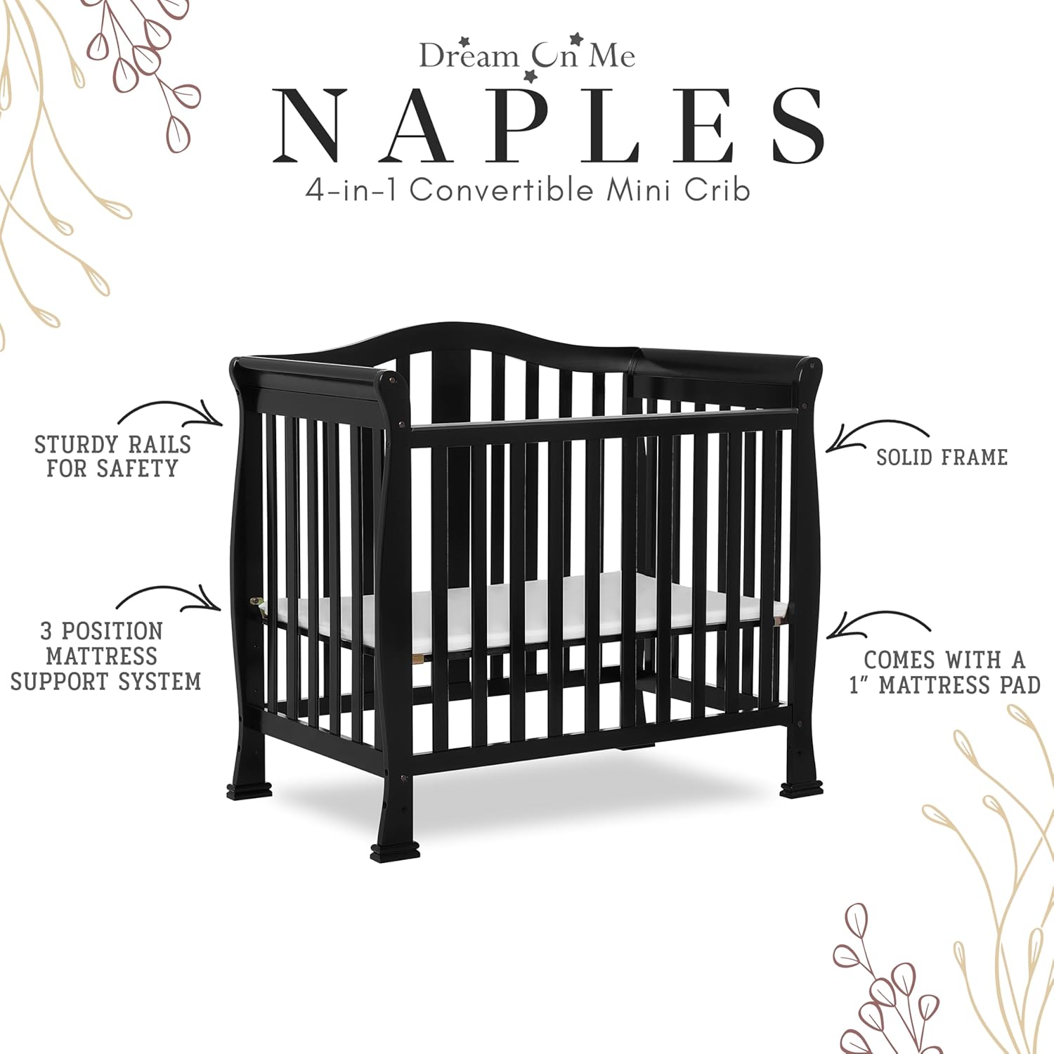 Dream On Me Addison 4-in-1 Convertible Mini Baby Crib in Black, GreenGuard Gold & BSA, Non-Toxic, Pinewood, Converts to Mini Daybed & Twin Bed, 1″ Mattress Pad, Best for Small Nursery