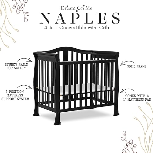Miniatura 4 de Dream On Me Addison - Mini cuna convertible 4 en 1 en negro, con certificado Greenguard Gold, acabados no tóxicos, de madera de pino de Nueva