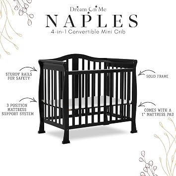 Dream On Me Addison 4-in-1 Convertible Mini Baby Crib in Black, GreenGuard Gold & BSA, Non-Toxic, Pinewood, Converts to Mini Daybed & Twin Bed, 1 Mattress Pad, Best for Small Nursery