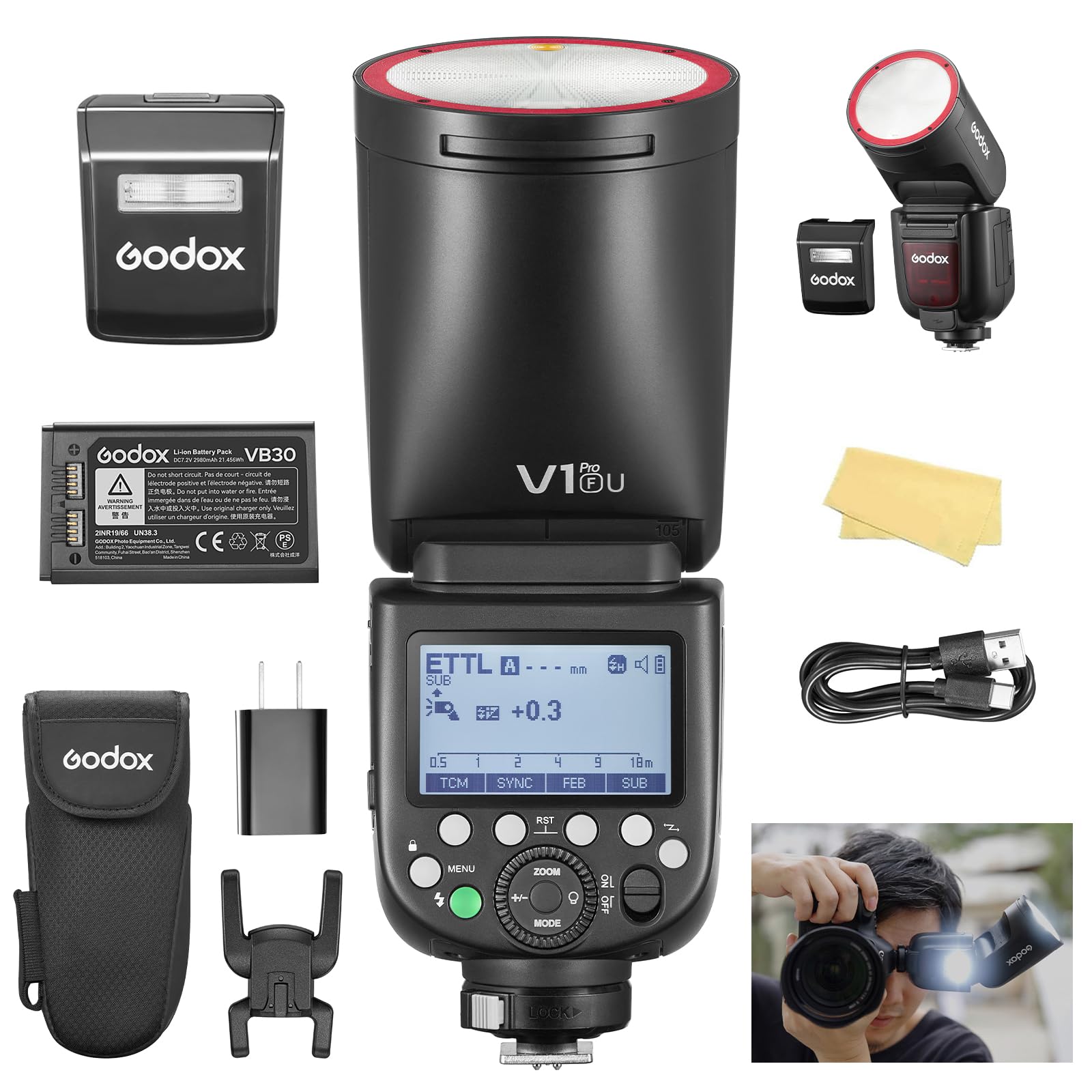 Godox V1 PRO F USA Version Flash for Fujifilm Camera with External Flash SU-1 2980mAh 76W Battery Flash TTL 1/8000s HSS 1.3s Recycle Time 2.4G Wireless HSS 500 Full Power Flashes