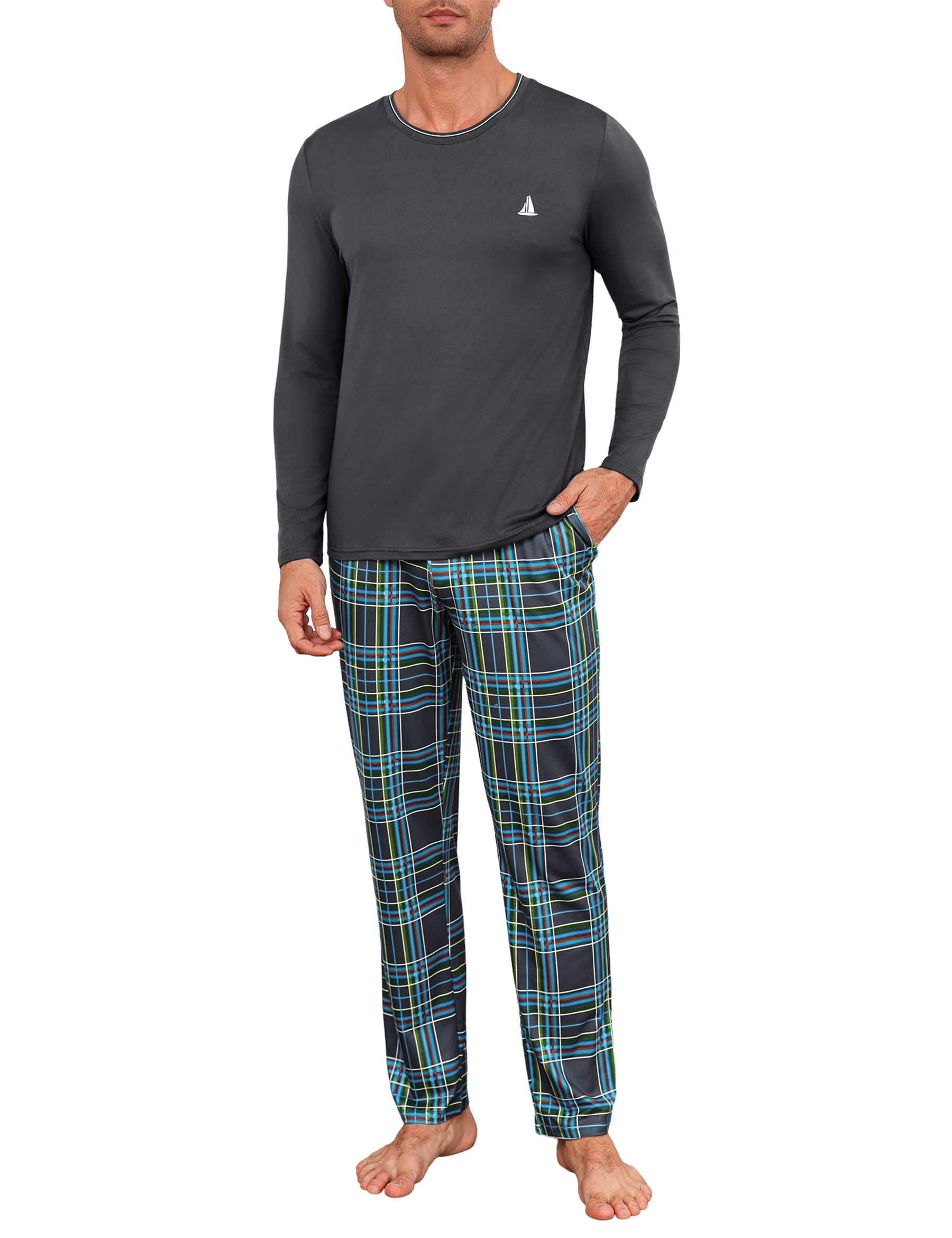 Jahetuul Pigiama Uomo Cotone Lungo Pigiama da Uomo a Due Pezzi | a Maniche Lunghe Invernale Pantaloni a Quadri con Tasche Caldo e Morbido S-4XL