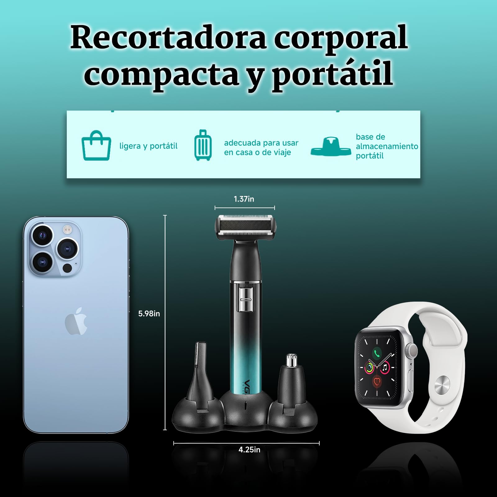 VGR 628 Depiladora Corporal Hombre 3 en 1, Afeitadora Corporal Masculina Inalámbrica, Maquina Depilar Hombre con Base, Adecuada Para Pecho, Piernas, Axilas, Nariz Y Rostro, Carga USB, IPX5, Verde