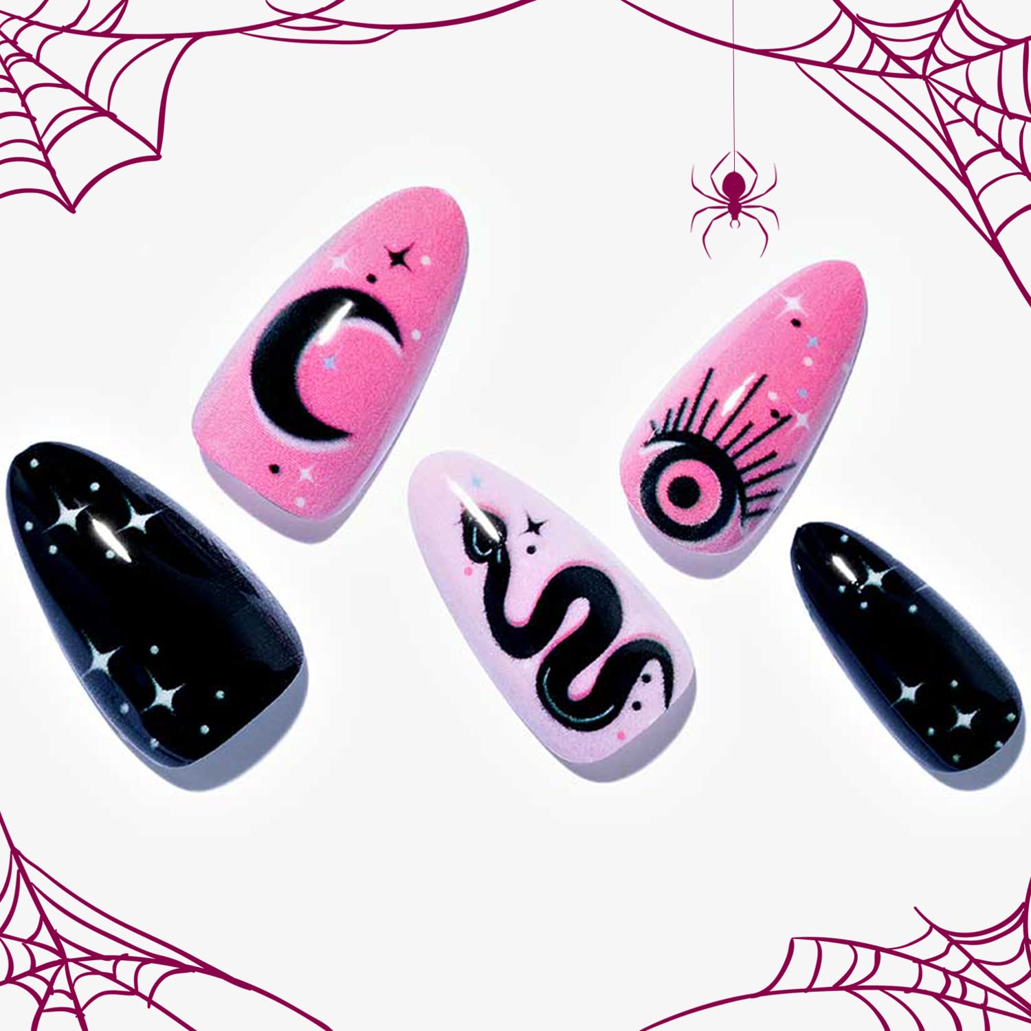GLAMERMAIDPink Press on Nail Medium Almond, Cartoon Magnet Gel Fake Nail with Gothic Moon Snake Design, Gloss Glue on Nail Short Oval, Reusable Acrylic Stiletto Stick on False Nail Kit for Women