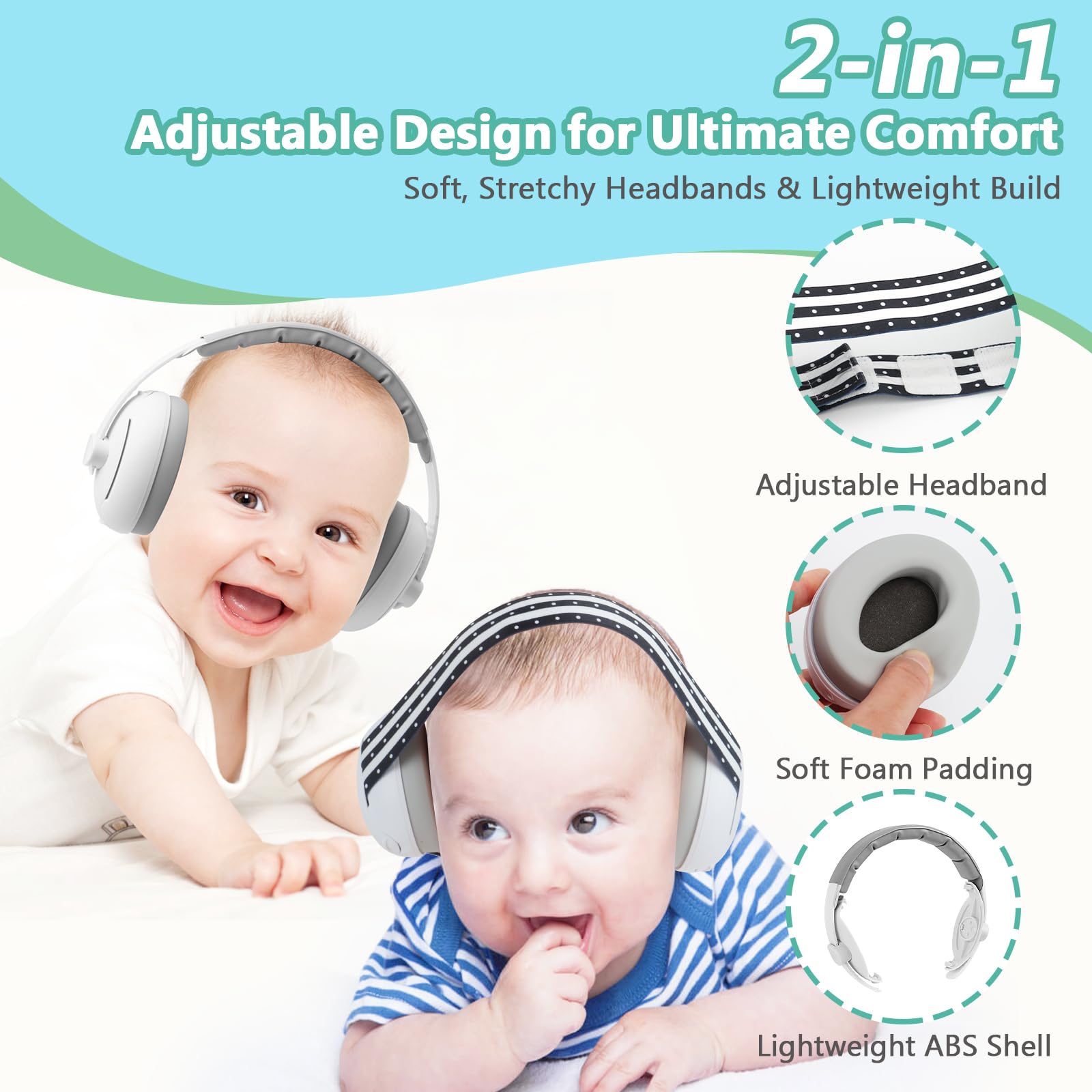 Cuffie Neonato Antirumore 2-in-1 per Protezione dal rumore (0-4 anni), Cuffie Antirumore Neonato Riduzione del Rumore 25dB, Fascia Regolabile e Guscio ABS Leggero,Cuffie per Neonati Antirumore