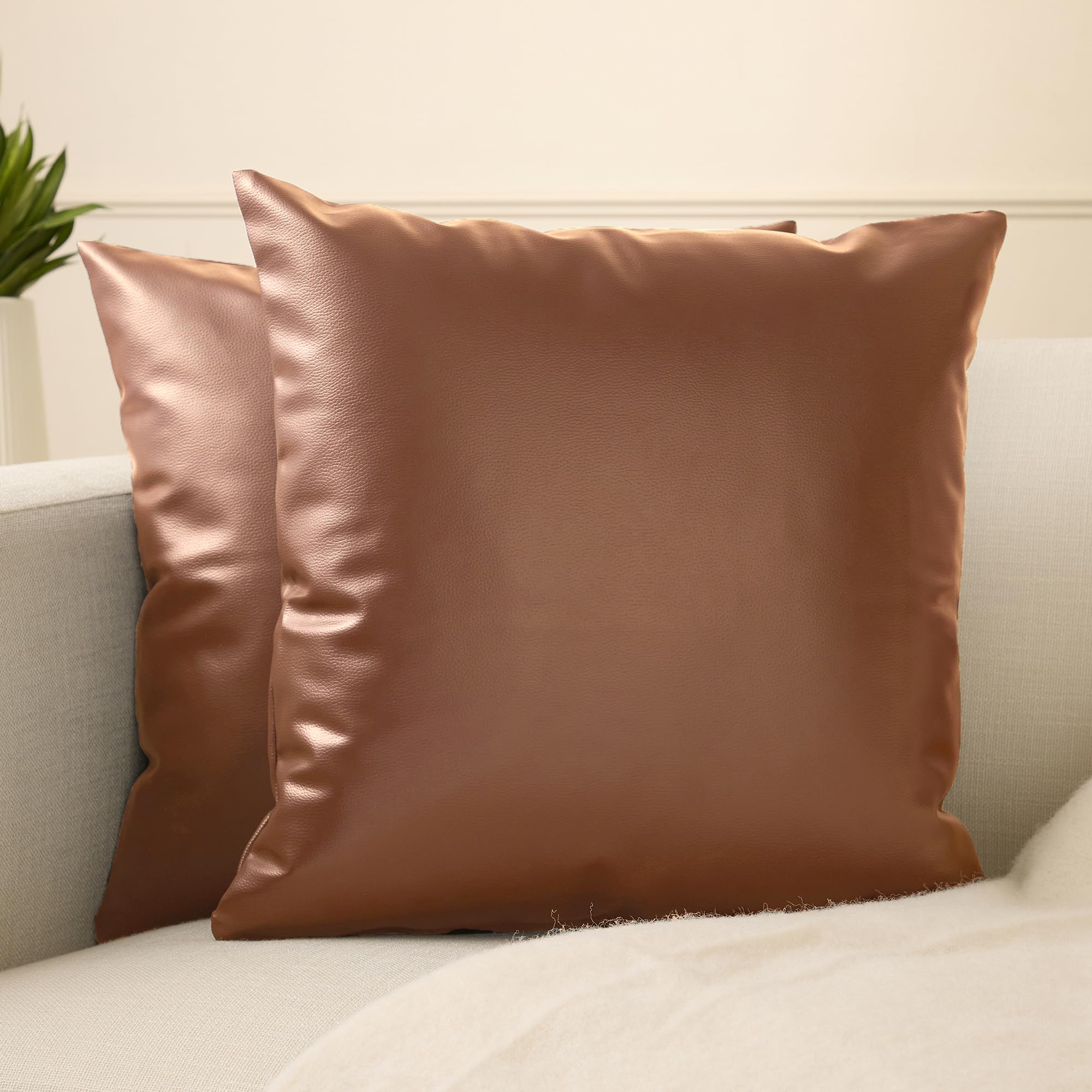 Encasa XO Faux Leather Cushion Covers, No Inserts 18"x18" Tan โ image 1