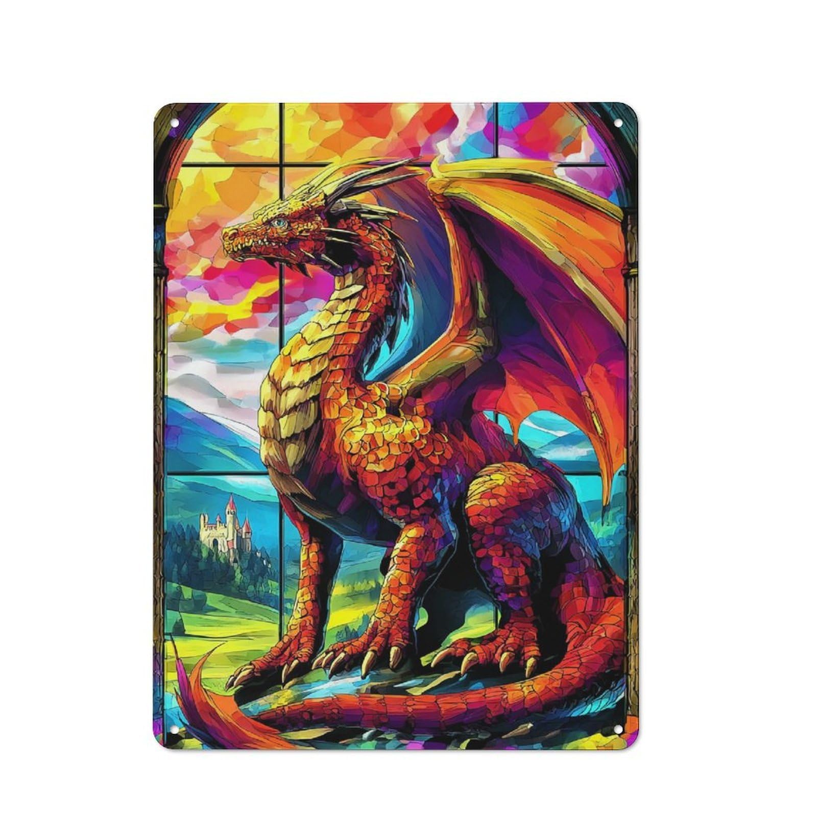 Junmoney Stained Glass Dragon Window -2 Retro Vintage Tin Sign 40X30cm, Cafe Wall Decor For Kitchen, Cafe, Pantry Or Dining Room