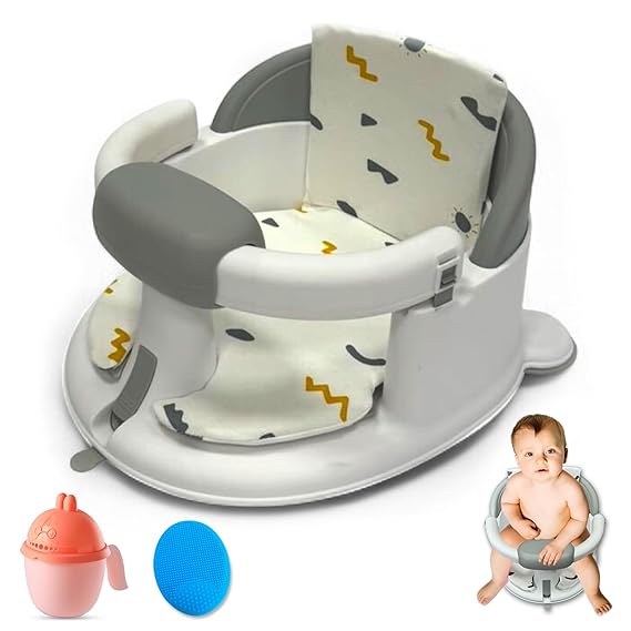 Non-Slip Baby Bath Seats 6-12 Months, Toddler Bathtub Chair with Washable Cusion, Cap Brush & Shower Mug, Infant Chair Comfortable Baby Bath Support for Safe Bathing & Sit Up Bathtub Support