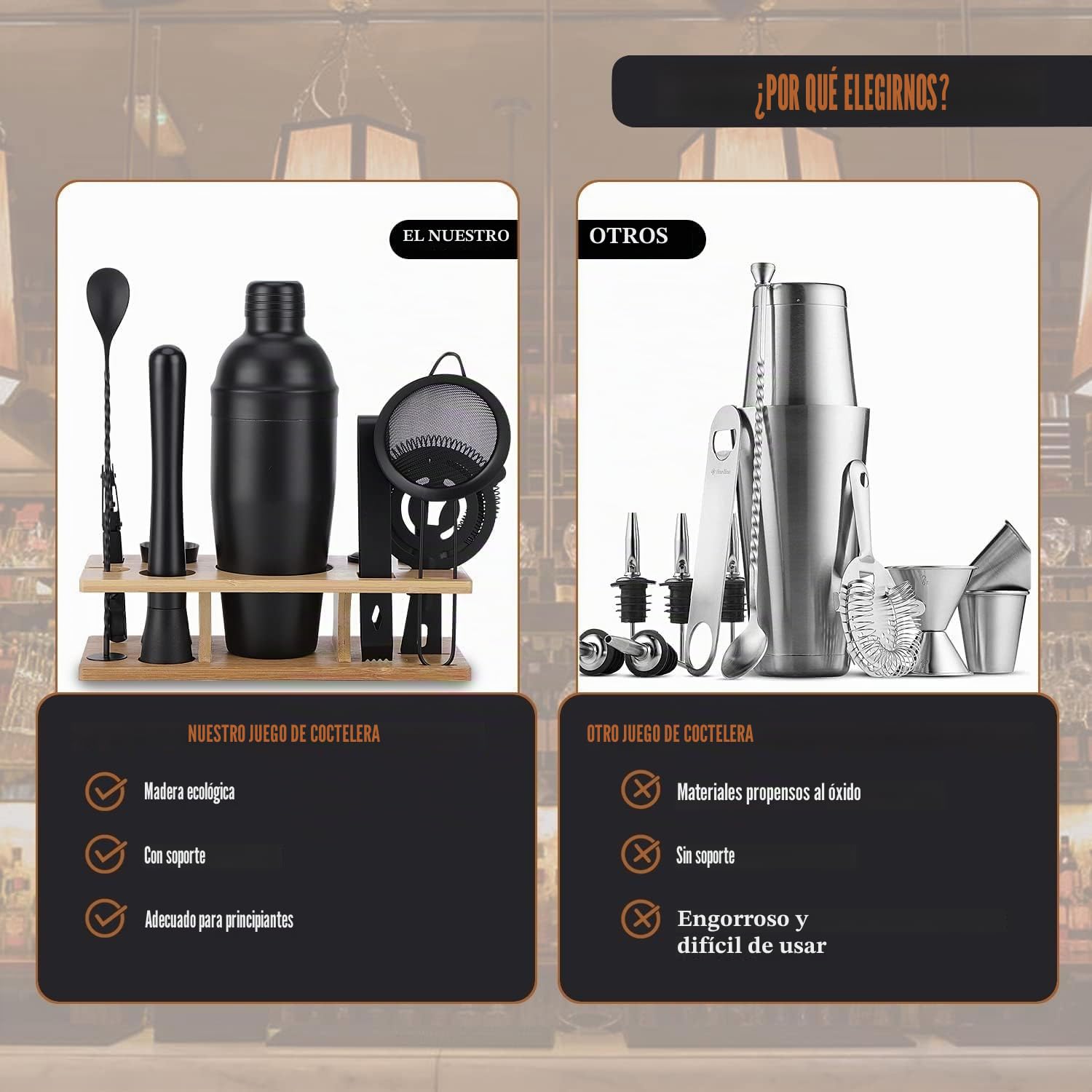 Bartender Kit 11-Piezas Coctelera-Mezclador para Cócteles 25oz Boston Shaker-Accesorios de Bar con Elegante Soporte de Bambú Mix Drink Shaker Kit Kit Martini…