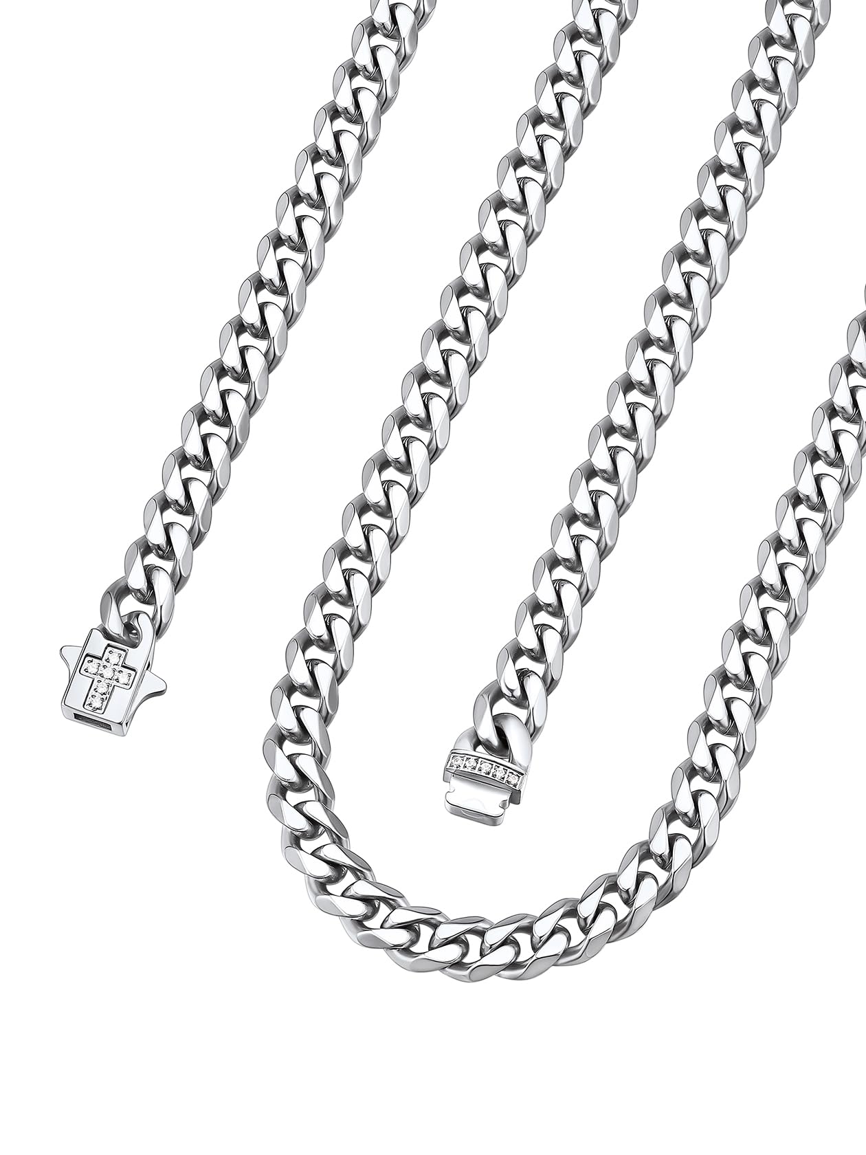 ChainsHouse Collana da Uomo in Acciaio Inossidabile a Catena Cubana con Chiusura a Croce in Zirconi, Gioielli Stile HipHop Punk Regalo per Uomo Donna, Catena Larga 6 mm Colore Argento/Oro/Nero