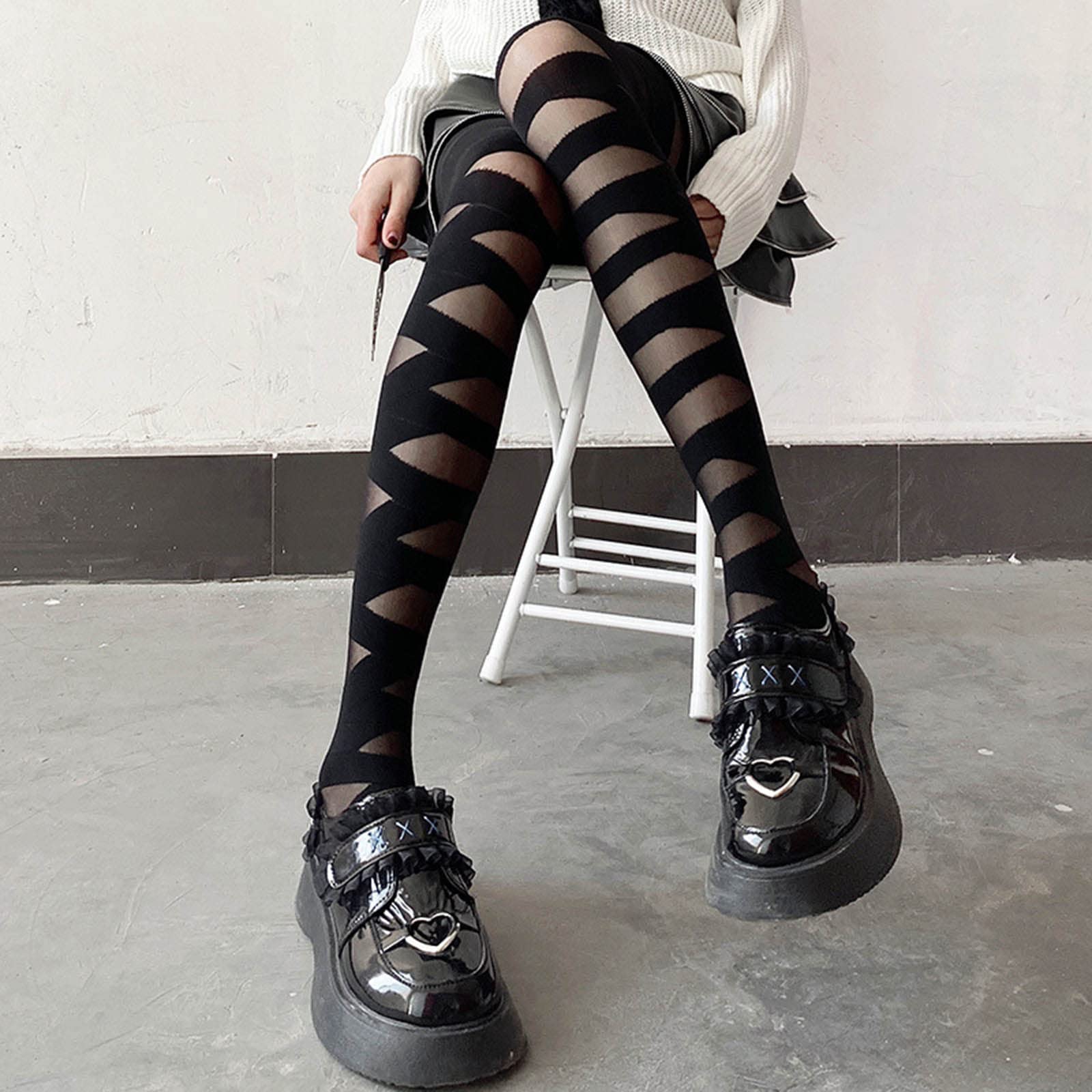 OFFILICIOUS Medias huecas de alta elasticidad, ajustadas, vendaje entrecruzado, piñas, calcetines negros, medias penetrantes en la piel para mujer