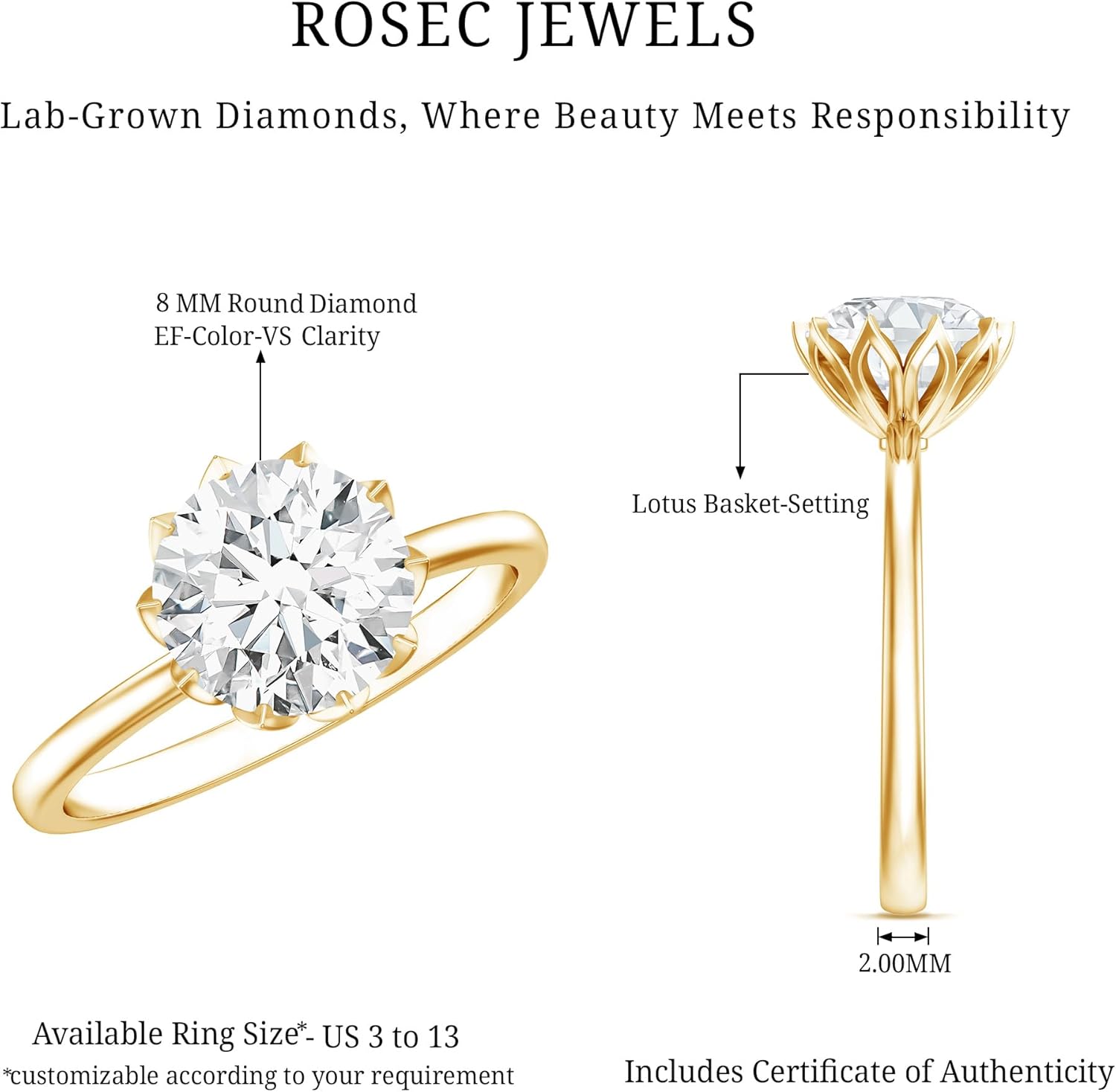 IGI Certified 2 Carat Round Brilliant Cut Lab Grown Diamond Engagement Ring For Women, E-Vs1 Quality - Ready To Gift