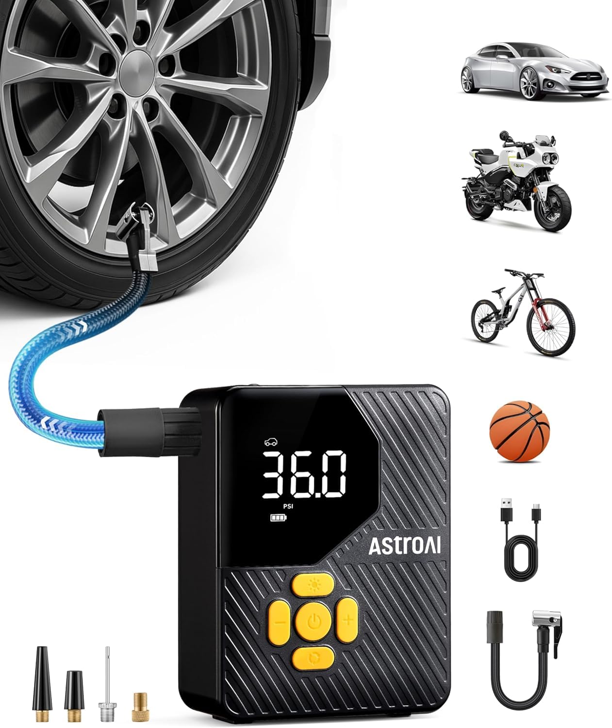 AstroAI Mini Fahrradpumpe Elektrisch, 10,3 Bar Luftpumpe Fahrrad, Wiederaufladbare Reifenpumpe mit Truegauge-Display für Auto Fahrrad Motorrad Ball(Gelb)