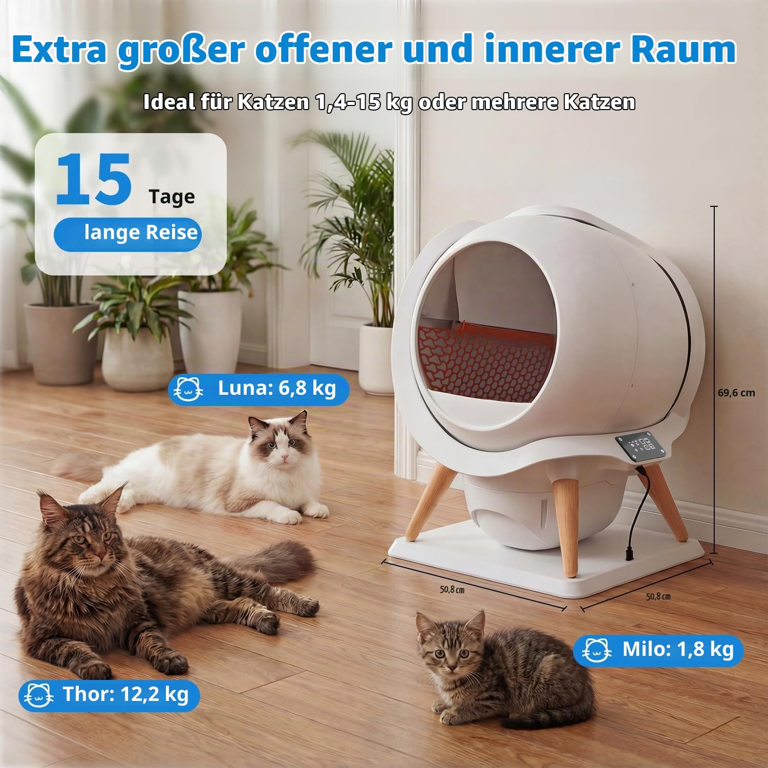 Selbstreinigende Katzentoilette IPX5 Wasserdicht, Elektrisches Katzenklo | 63L Automatische Katzentoilette für Katzen Offenes Design, App-Steuerung/Sensorschutz/Geruchskontrolle, Mehrere Katzen 3-15kg