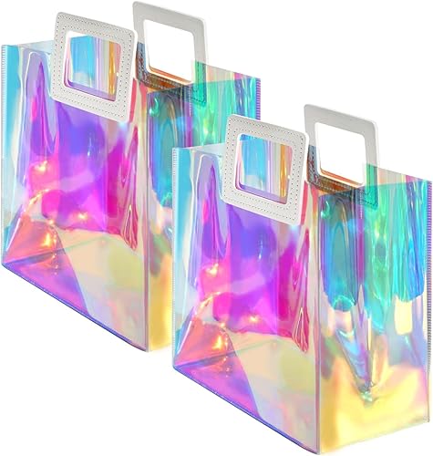 VUOJUR 2 bolsas de regalo pequeñas holográficas de 8.3 x 8 x 4 pulgadas, transparentes, reutilizables, bolsas de regalo de cumpleaños para mujeres y