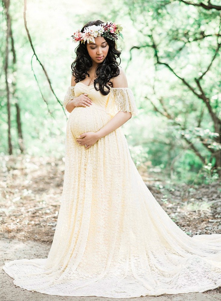 Vestido largo de fotografía para embarazo, vestido de maternidad con encaje y hombros largos, accesorio para embarazadas