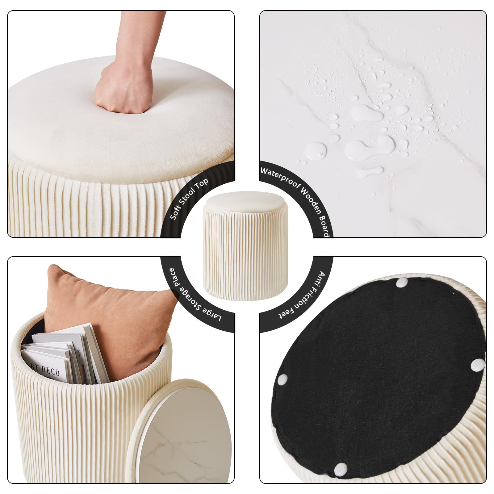 IBUYKE 2 Juegos de sillas otomanas Redondas con Espacio de Almacenamiento, Taburete de Terciopelo para Maquillaje, Mesa de café Acolchada Moderna, Taburete de pie Multifuncional, Blanco WBD005W
