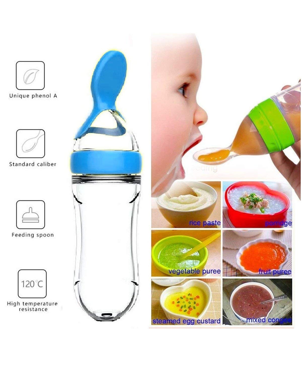 GRAYSEE Baby Safe Silicone Squeeze Fresh Food Feeder Bottle with Food Dispensing Spoon, Infant Food Nibbler Teething Toy Feeding Pacifier, CMB01 Pack of 2 (Blue) - Image 2 thumbnail