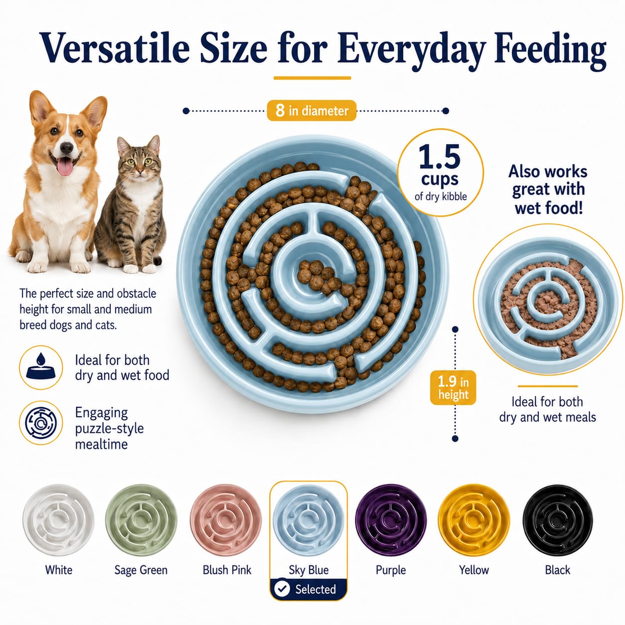 Keramik Slow Feeder Hundenäpfe mit Anti-Rutsch, Slow Feeder & Rutschfestem Design, Langeweile und Angstreduzierung, geeignet für alle Rassen Hunde und Katzen (Keramik-Blau)