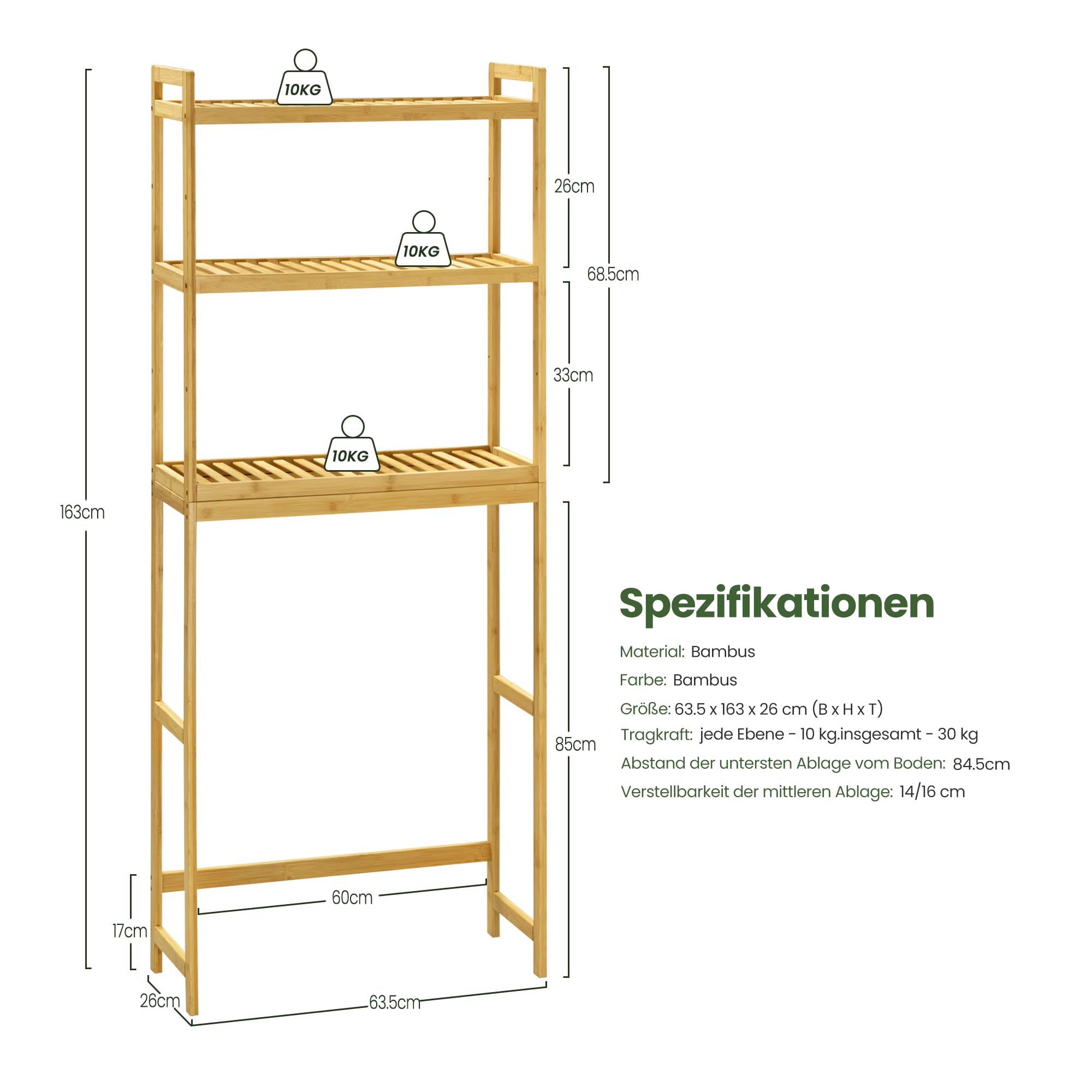 EUGAD Badregal Waschmaschinenregal Toilettenregal aus Bambus, schmales Badschrank Badmöbel mit 3 Ablagen, verstellbaren Regalen, für Badezimmer, Küche, Balkon, Naturfarben