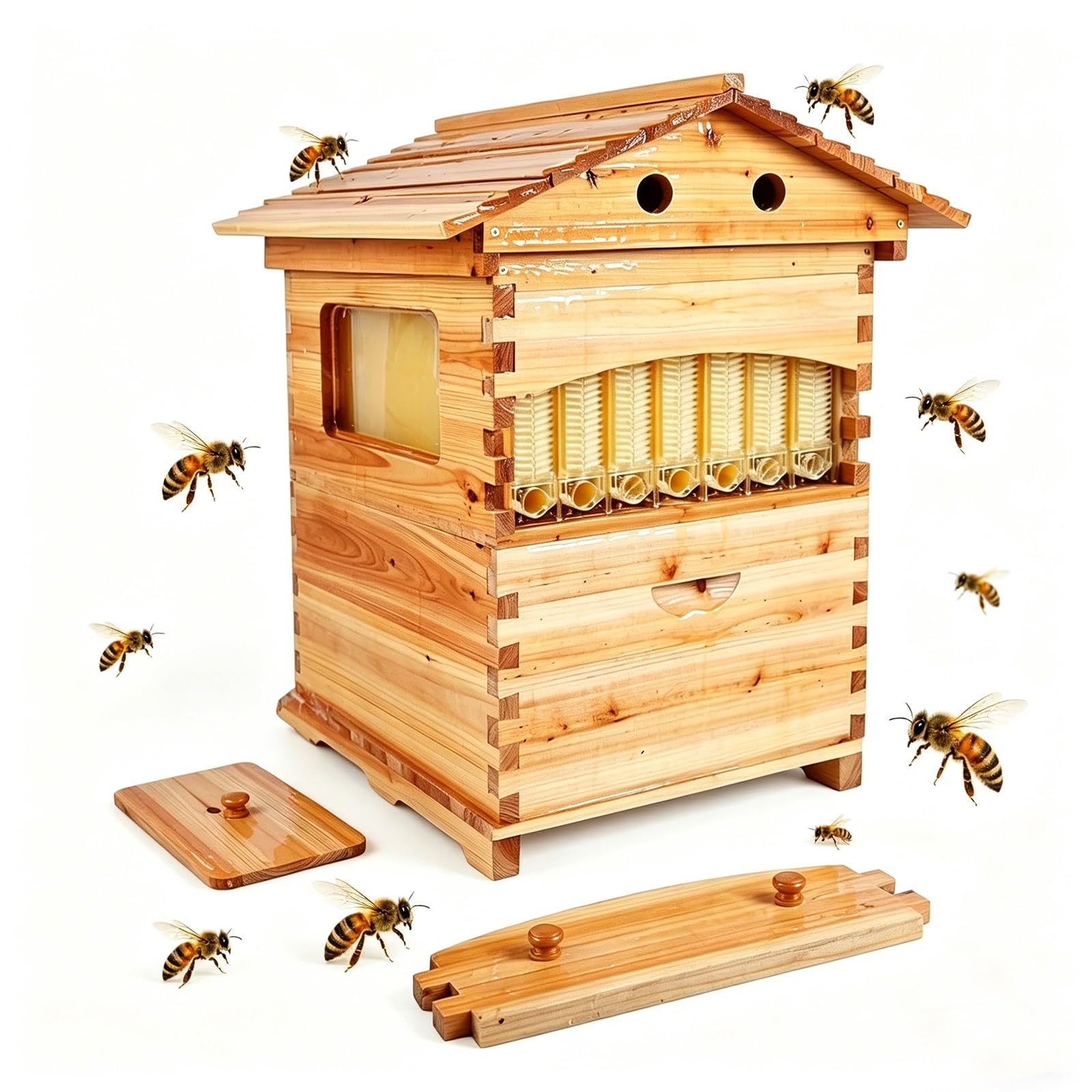 Ruche En Bois De Style Cabane Flux Automatique Kit De Démarrage Apicole En Bois De Sapin Naturel Traité Capacité Jusqu'À 6000 Abeilles Fenêtre D'observation Pour Les Petits Projets Apicoles