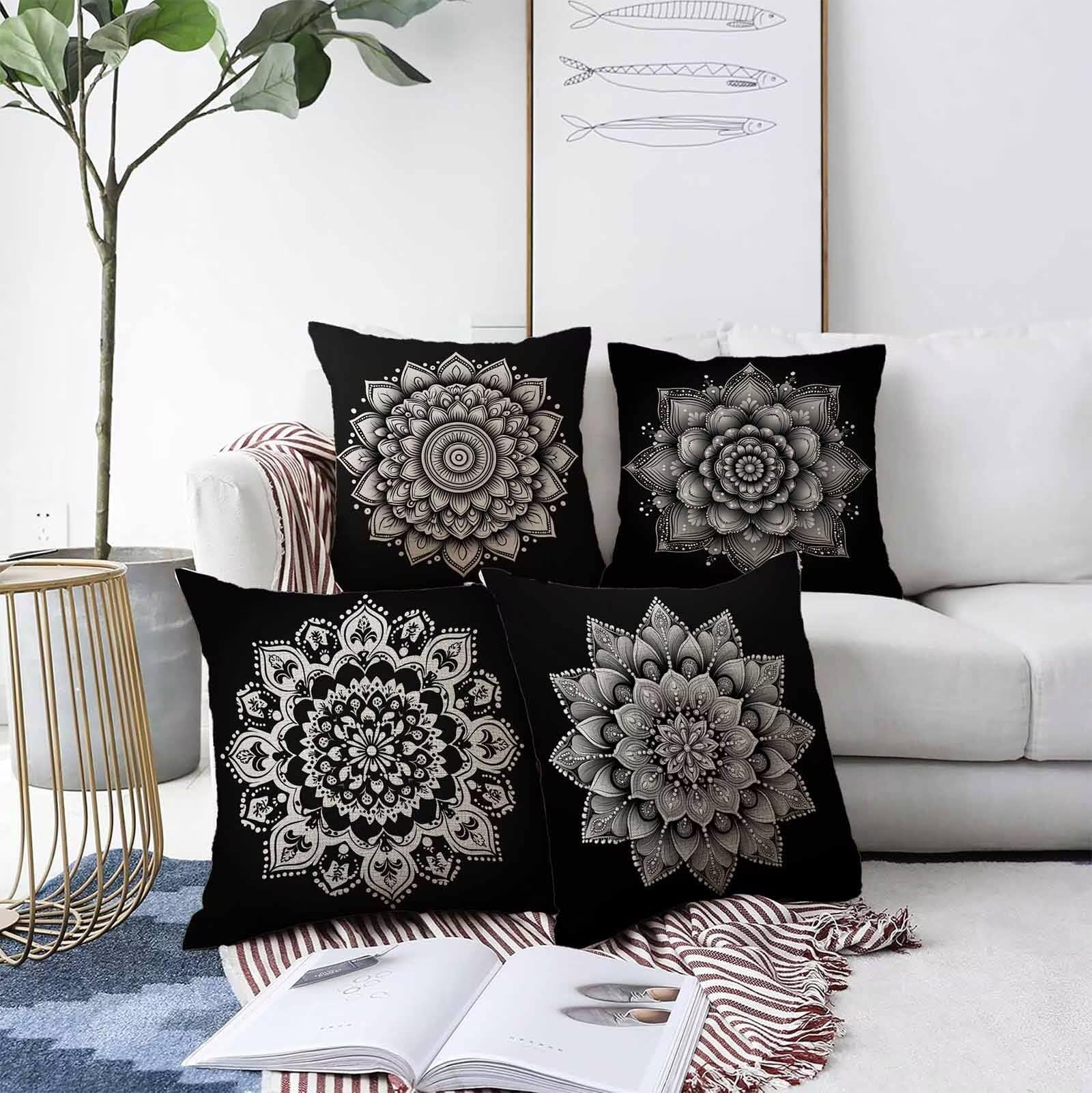 Coussin Canape Fleur Housse Coussin 80 x 80 cm Lot de 4, Noir Exterieur Impermeable Carrée Lin Taie Oreiller Motifs Impression Recto Verso Conception Pour Décoration Maison Salon de Jardin PjY4505 4-7