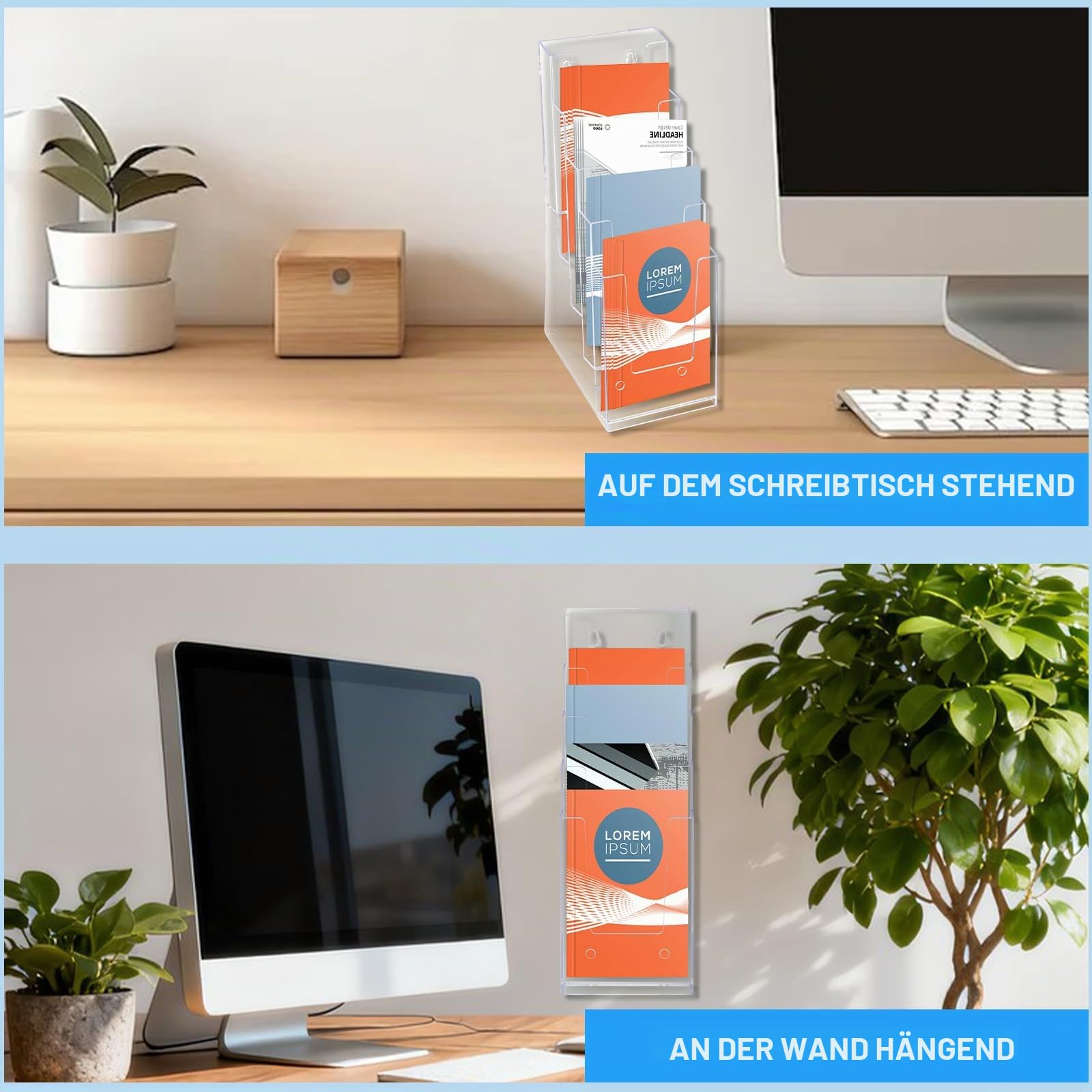 GAESHOW 2 Stück Prospekthalter mit 5 Fächern, Acryl Prospektständer, 4 x 9 in Tisch-Prospektständer, Transparent Wandprospekthalter für Büro, Empfang, Menü, Flyer